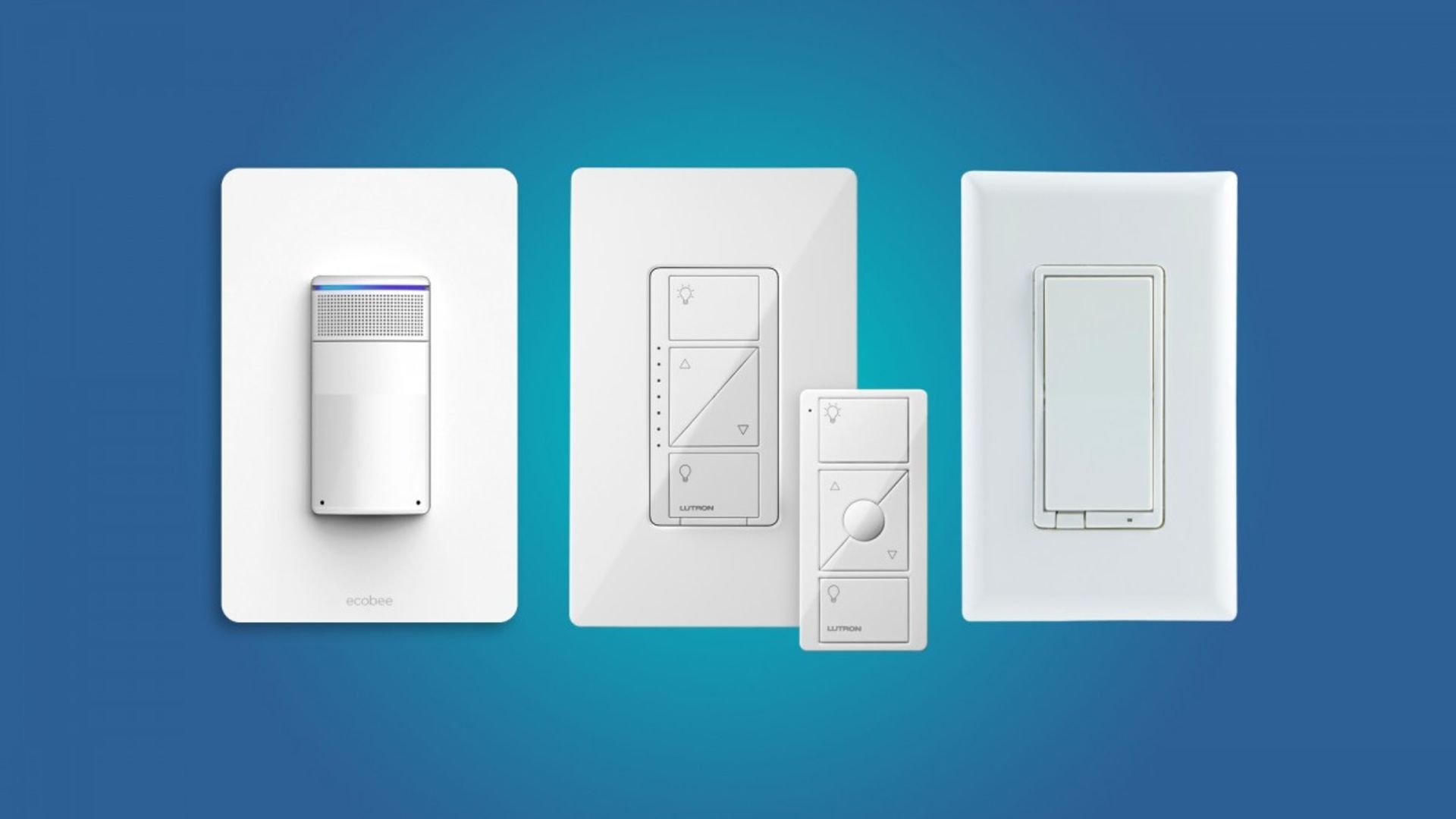 A group of white light switches and remotes on a blue background.