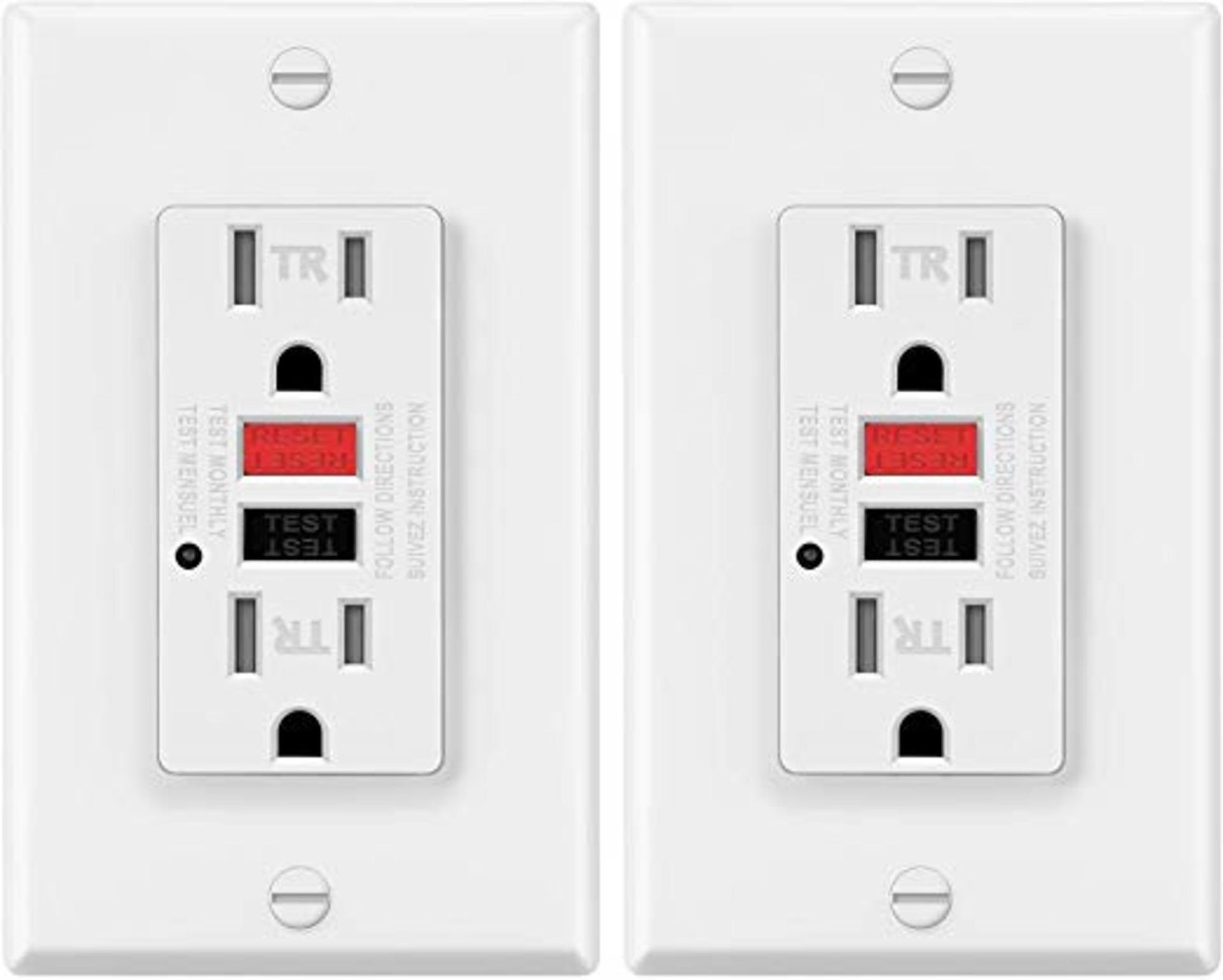 A pair of white electrical outlets with a red light on them.