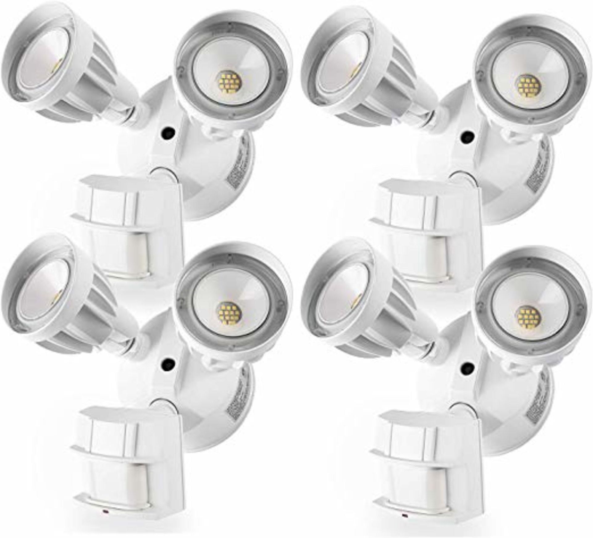 A set of four white flood lights with motion sensors.