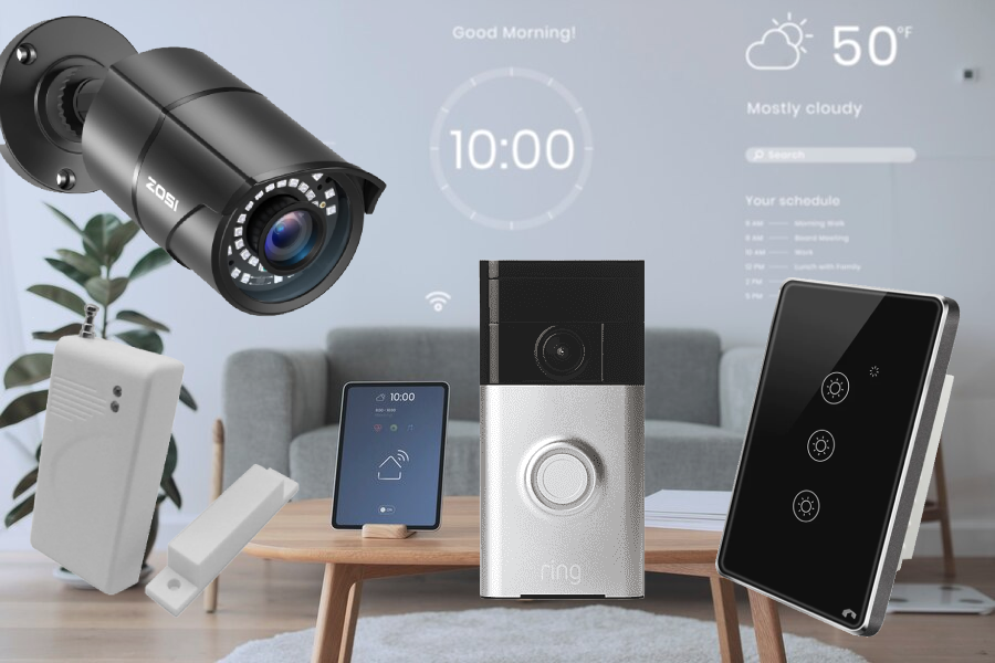 A living room with a security camera , doorbell , thermostat , and phone.