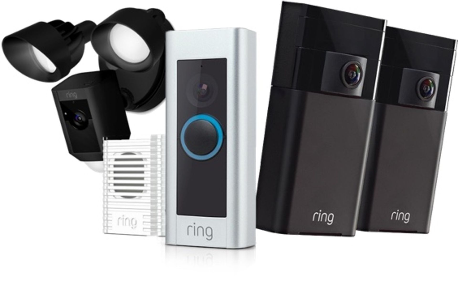 A ring doorbell and two ring cameras on a white background