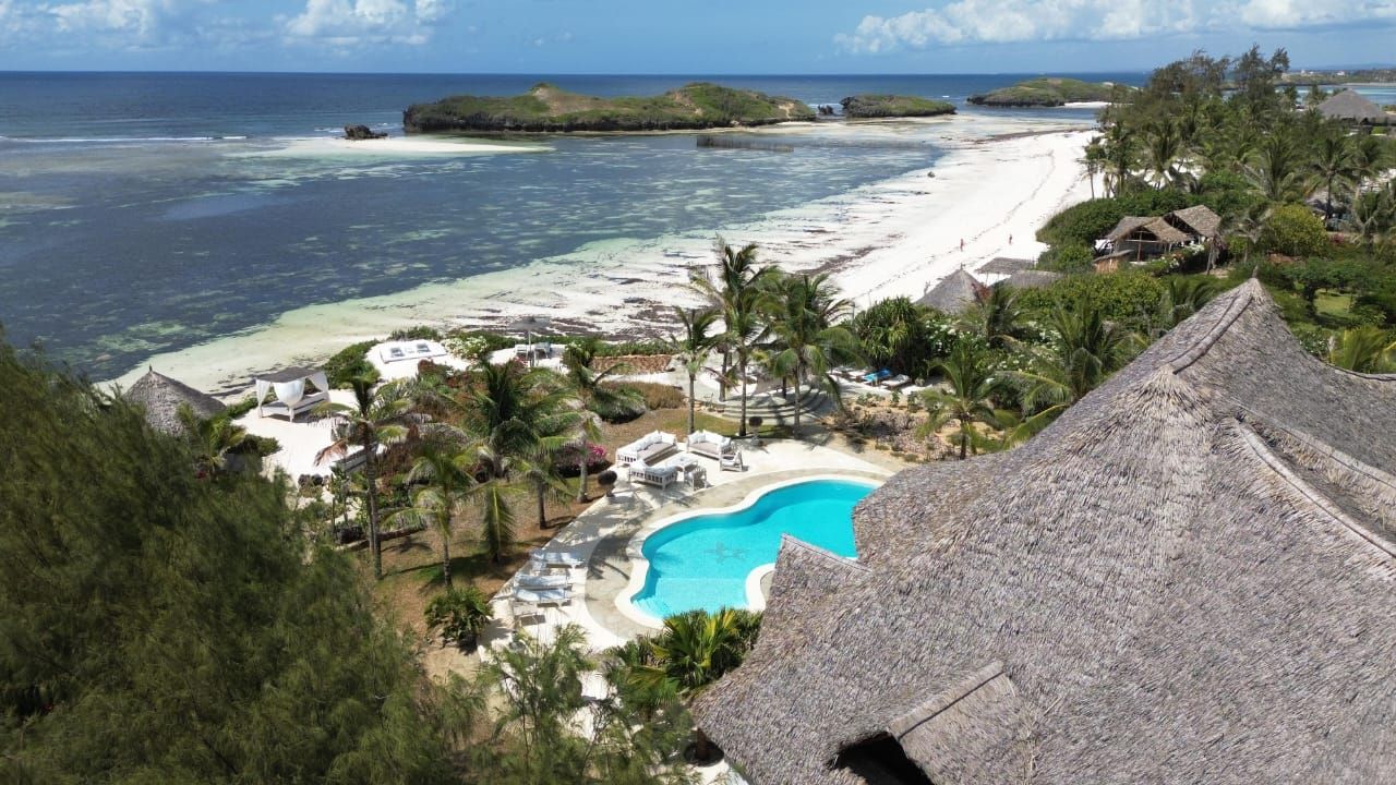 There is a large swimming pool in front of a thatched house.