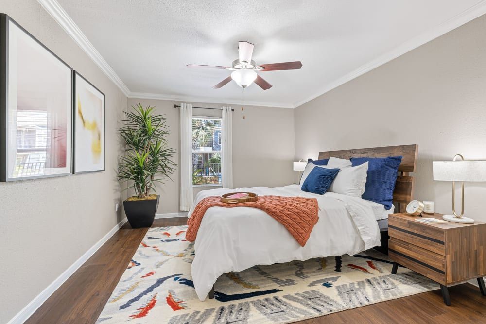 A bright and neatly decorated bedroom with a large window allowing natural light to fill the space. The room features a comfortable bed with a white duvet, accented with blue and orange pillows, resting against a wooden headboard. A colorful area rug covers the dark hardwood floor, and various decor items, including a bedside lamp, alarm clock, and decorative tray, add a homey touch. A tall green plant in a black pot stands near the window, and abstract wall art adorns the white walls. A modern ceiling fan with a light fixture hangs overhead at Austin Midtown in North Austin, TX.