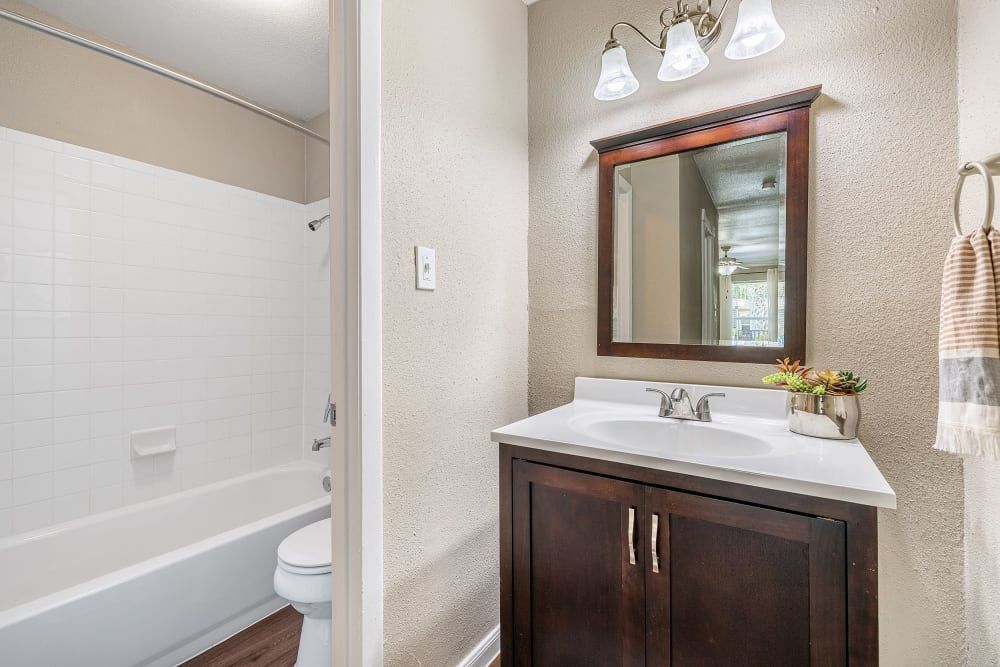 A well-lit modern bathroom with a white bathtub and white tile wall to the left, a toilet visible behind the open door, and to the right, a dark brown vanity cabinet with a white countertop and a sink with a silver faucet. Above the vanity is a rectangular mirror framed in a matching dark wood, and a three-bulb light fixture. Decorative touches include a potted plant and a towel on the right at Austin Midtown in North Austin, TX.