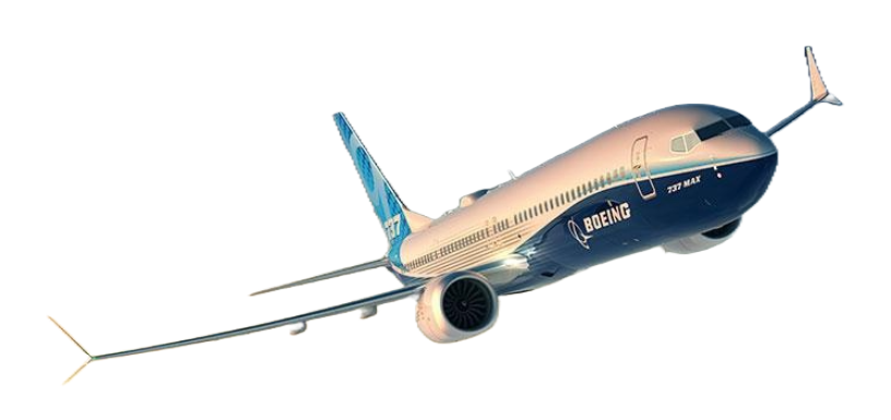 A large passenger jet is flying through the air on a white background.