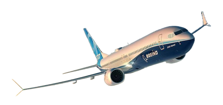 A large passenger jet is flying through the air on a white background.