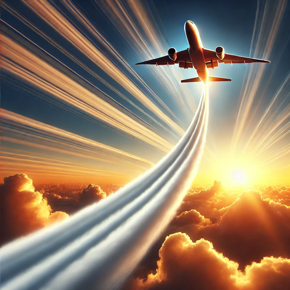 An airplane is flying through the clouds at sunset