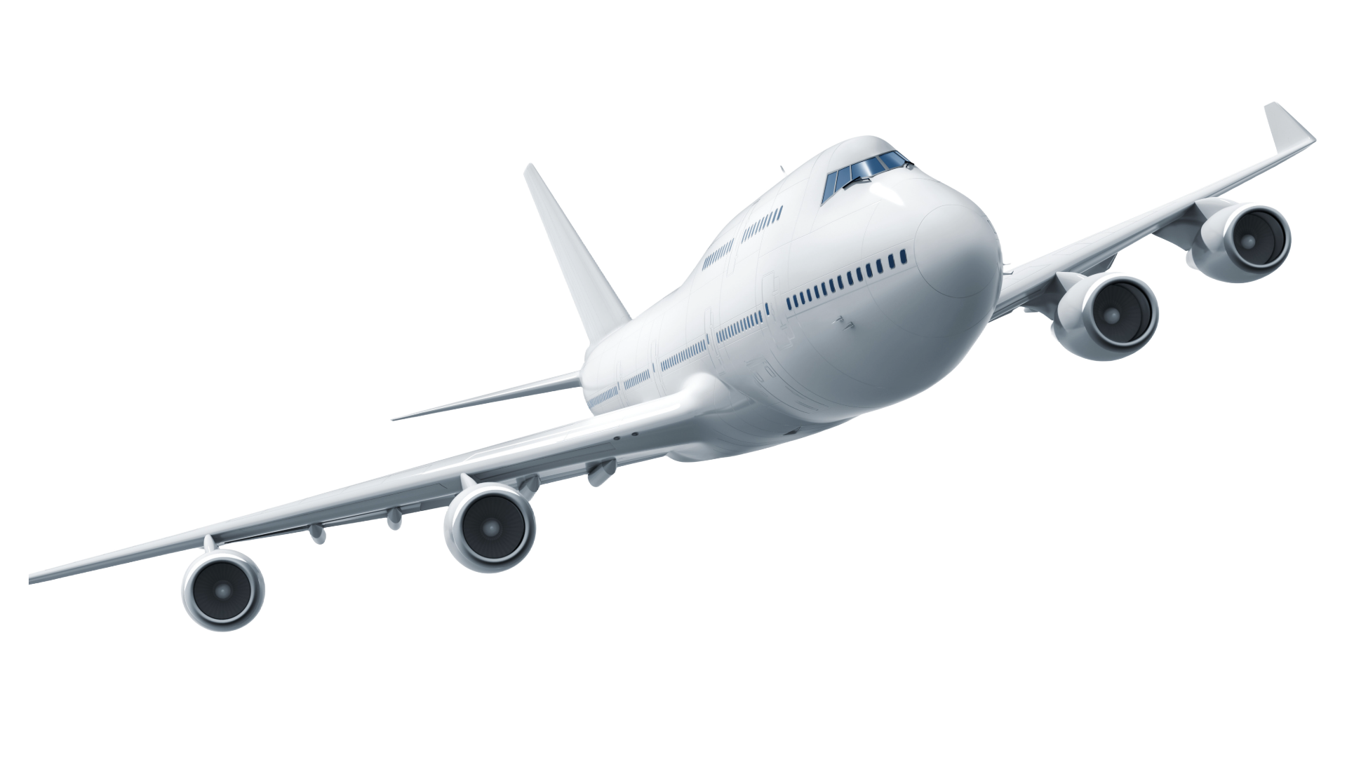 A large passenger jet is flying through the air on a white background.