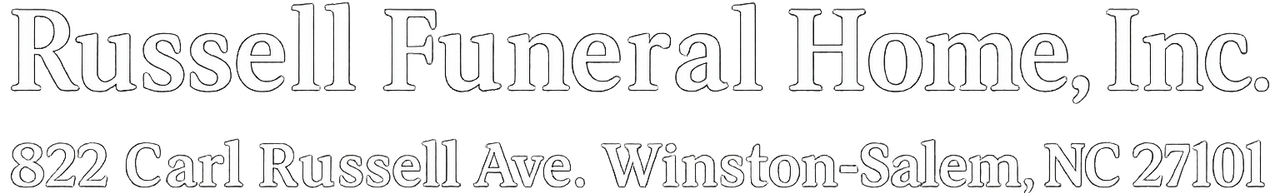 Russell Funeral Home, Inc. logo; text with address in Winston-Salem, NC.