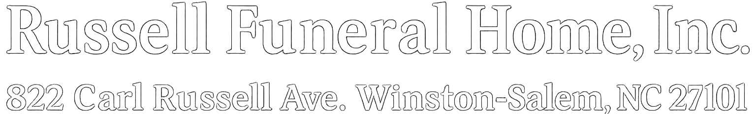 Russell Funeral Home, Inc. logo; text with address in Winston-Salem, NC.