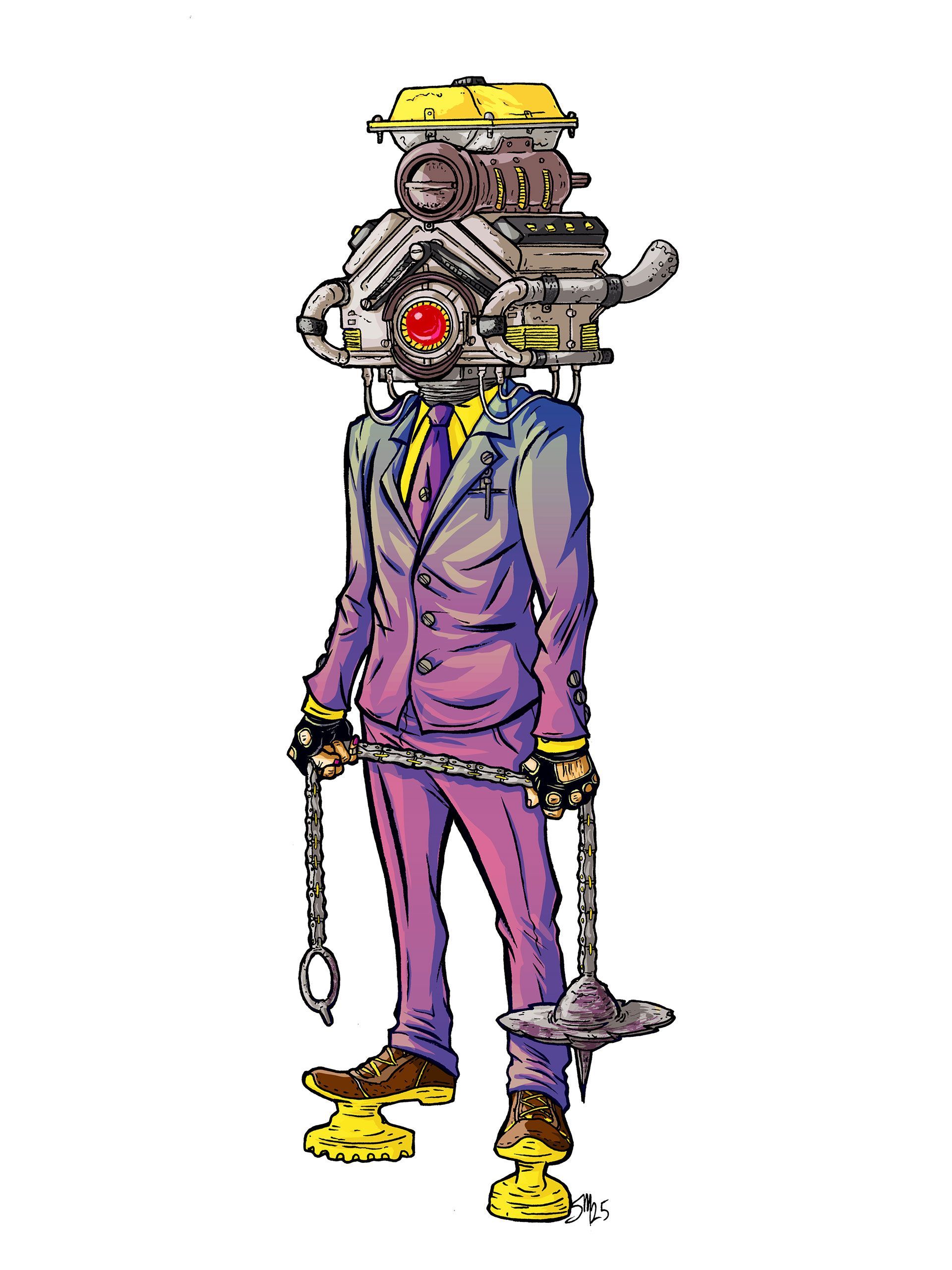 Man in a purple suit with an engine for a head, holding chains and wearing large yellow-gold shoes.