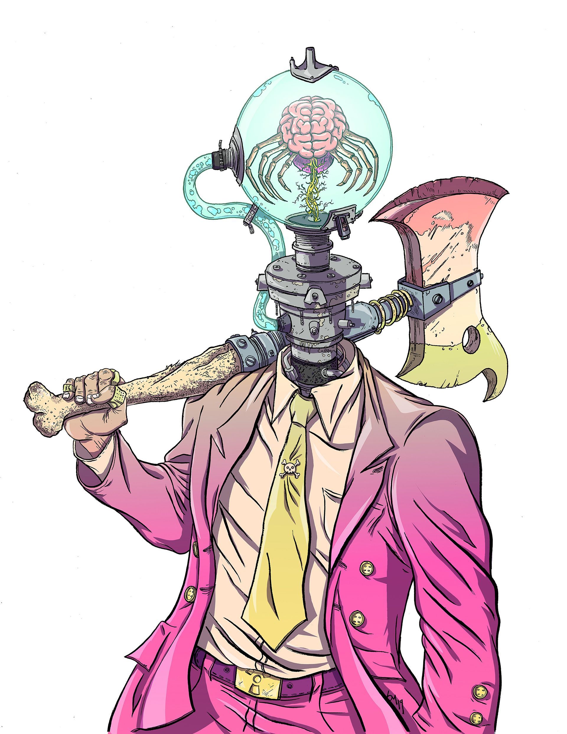 A drawing of a man in a pink suit and tie with a light bulb instead of a head
