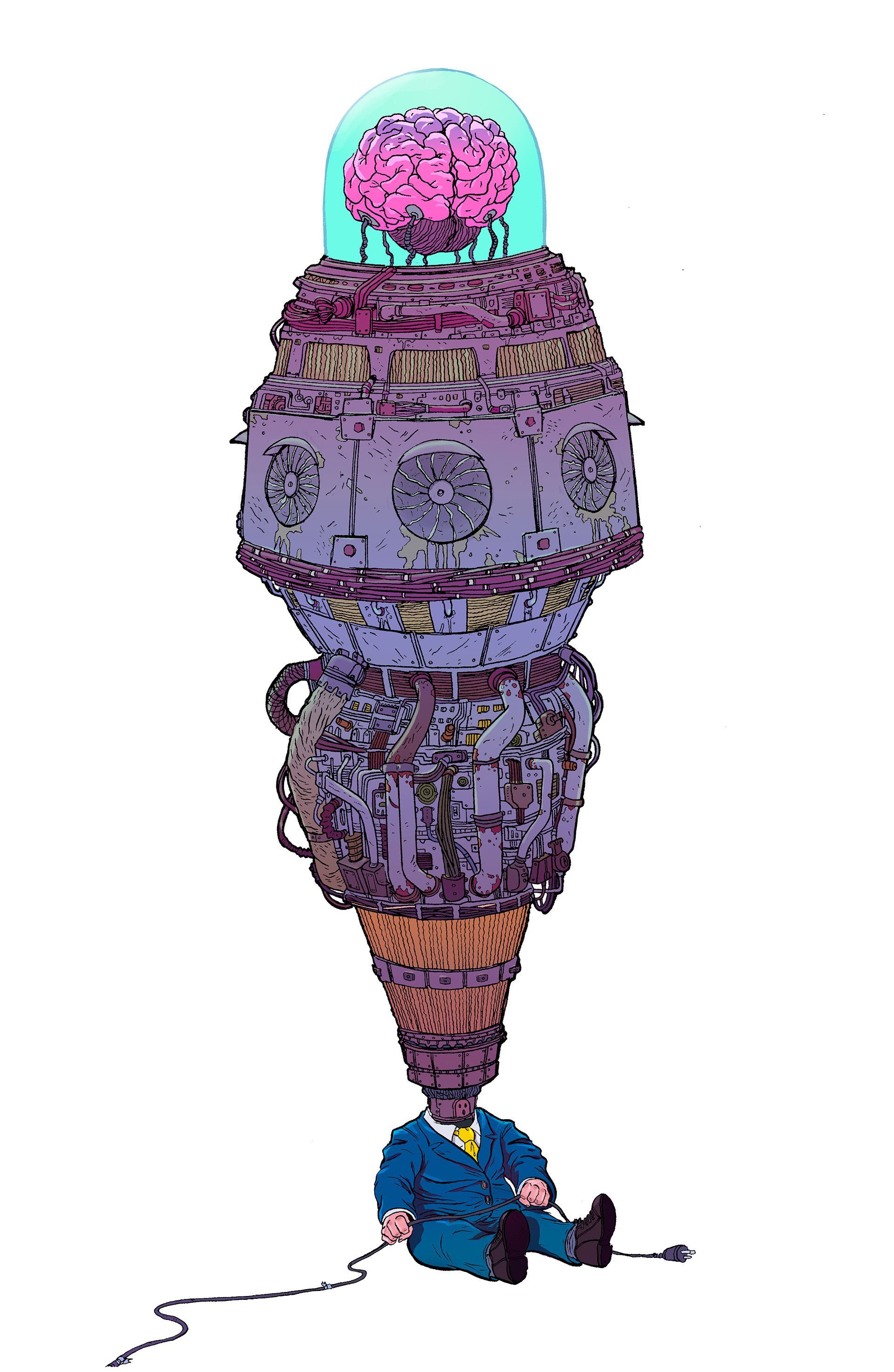 Concept art of the CEO character: a baby figure in a blue suit with an enormous, mechanical head showing a brain in a jar.