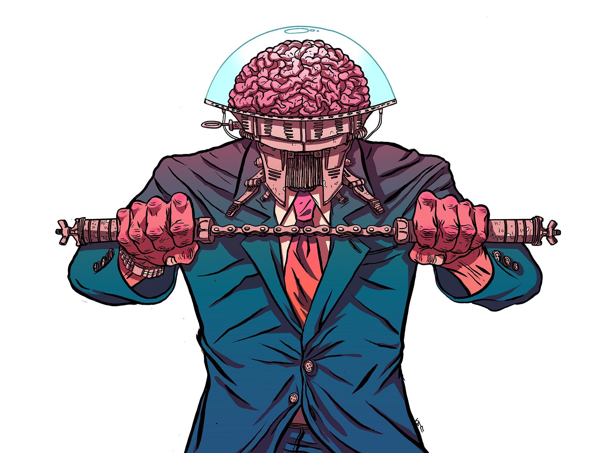 A man in a suit and tie is holding a nunchucks  with a brain on his head.