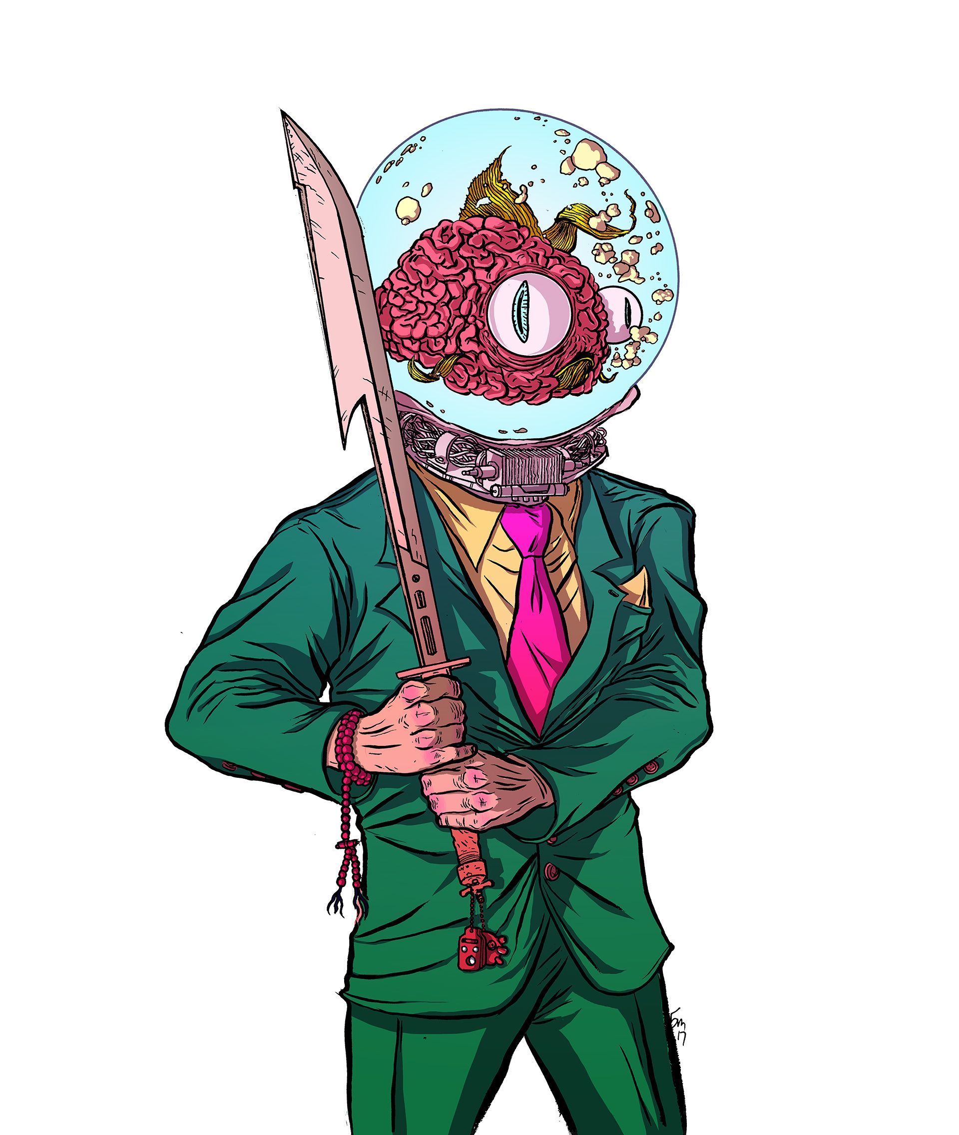 Concept art of Yes Man character: a man in a green suit with a fish for a  brain in a jar for a head, holding a long sword.