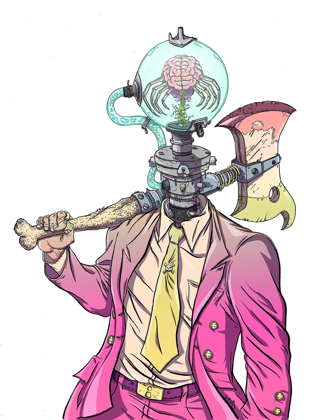 Conceptual character design of a man in a pink suit with a brain in a jar for a head holding an bone axe by Steve Mardo