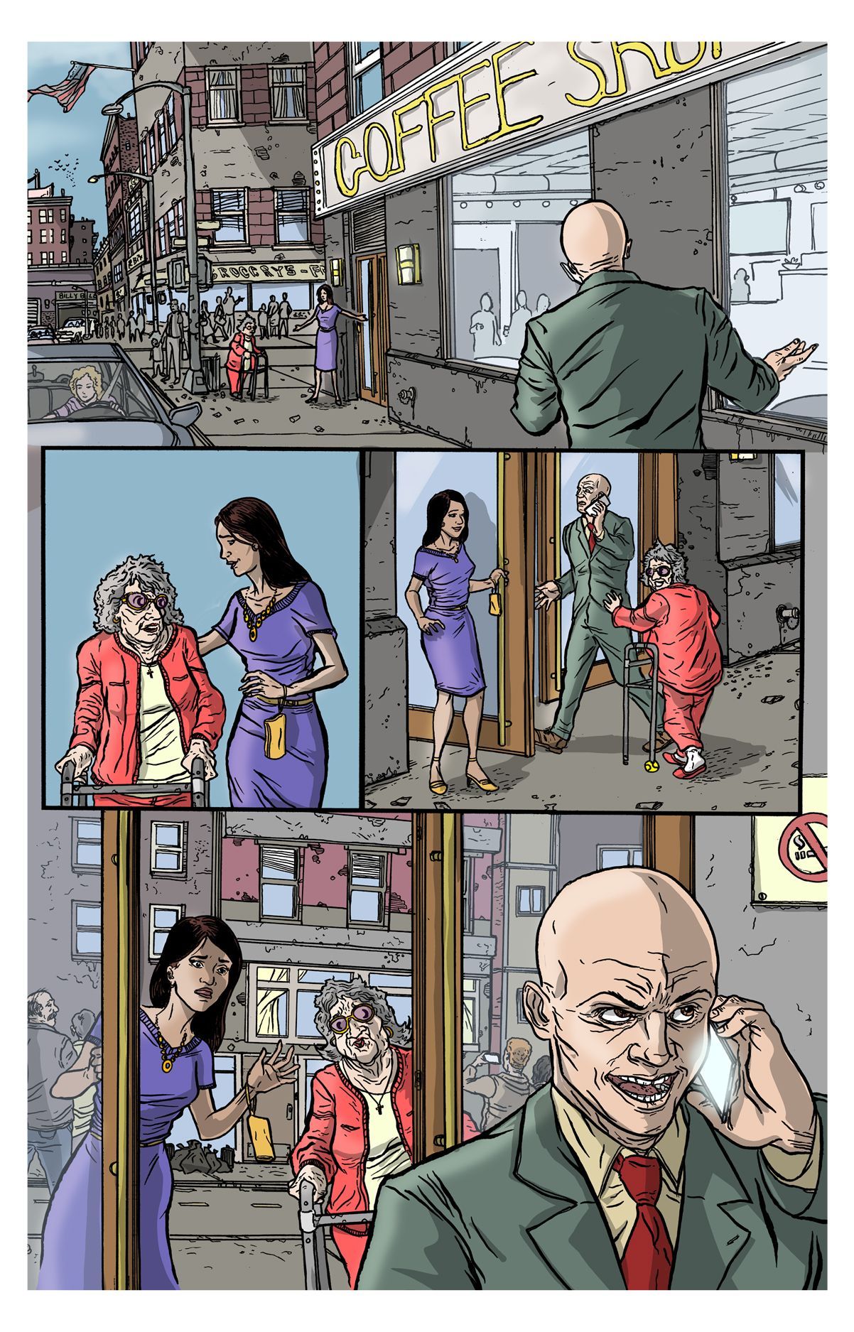 Page one, colored sequential page. Main characters meeting for the first time. Detailed art, gritty art.