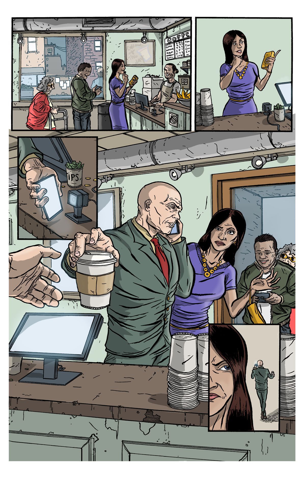 Page two, colored sequential page. Main characters interacting in. a coffee shop. Detailed art, gritty art.