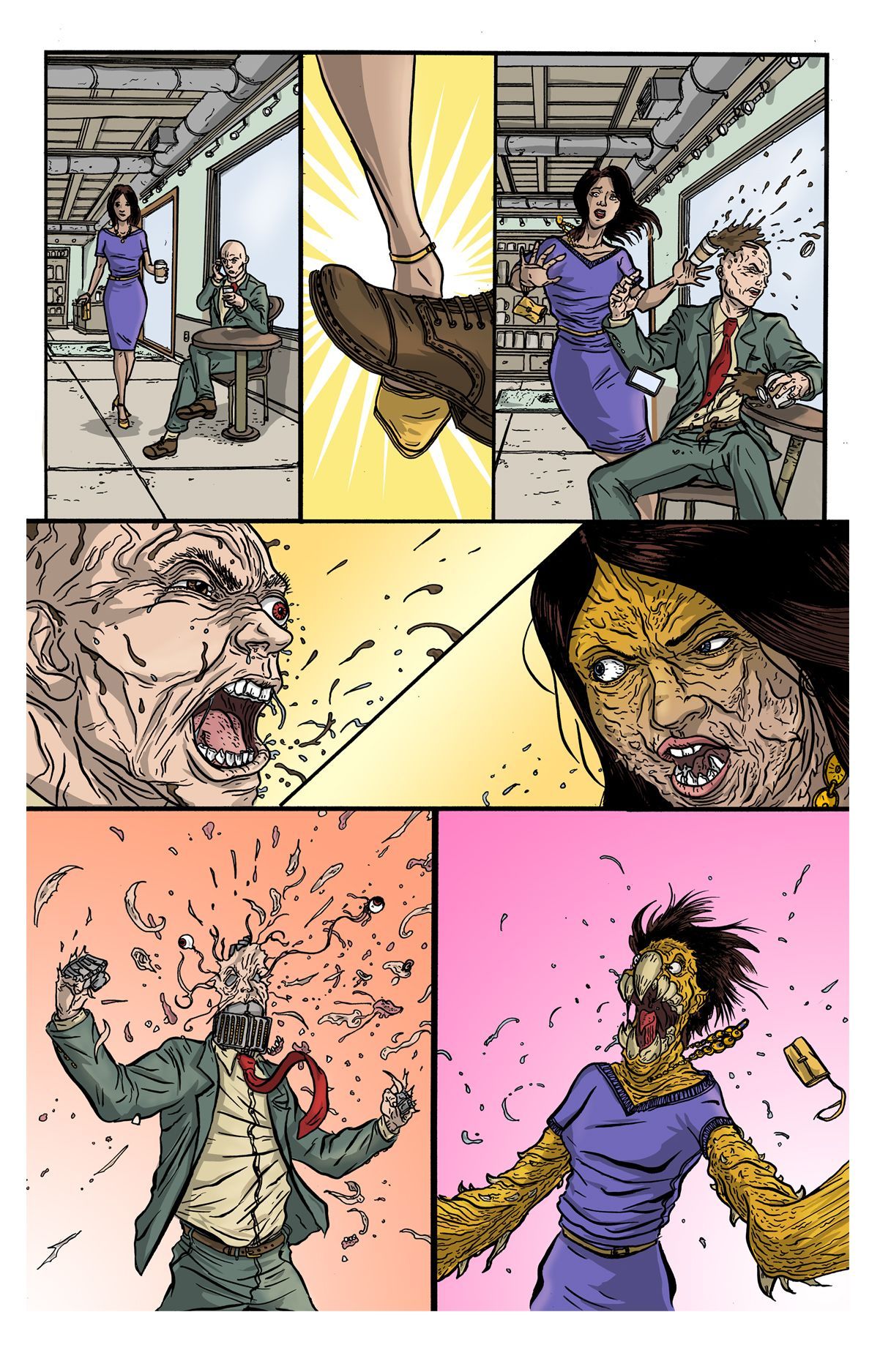 Page three, main characters interacting in a coffee shop. fight scene with them changing from humans to monsters and robots.