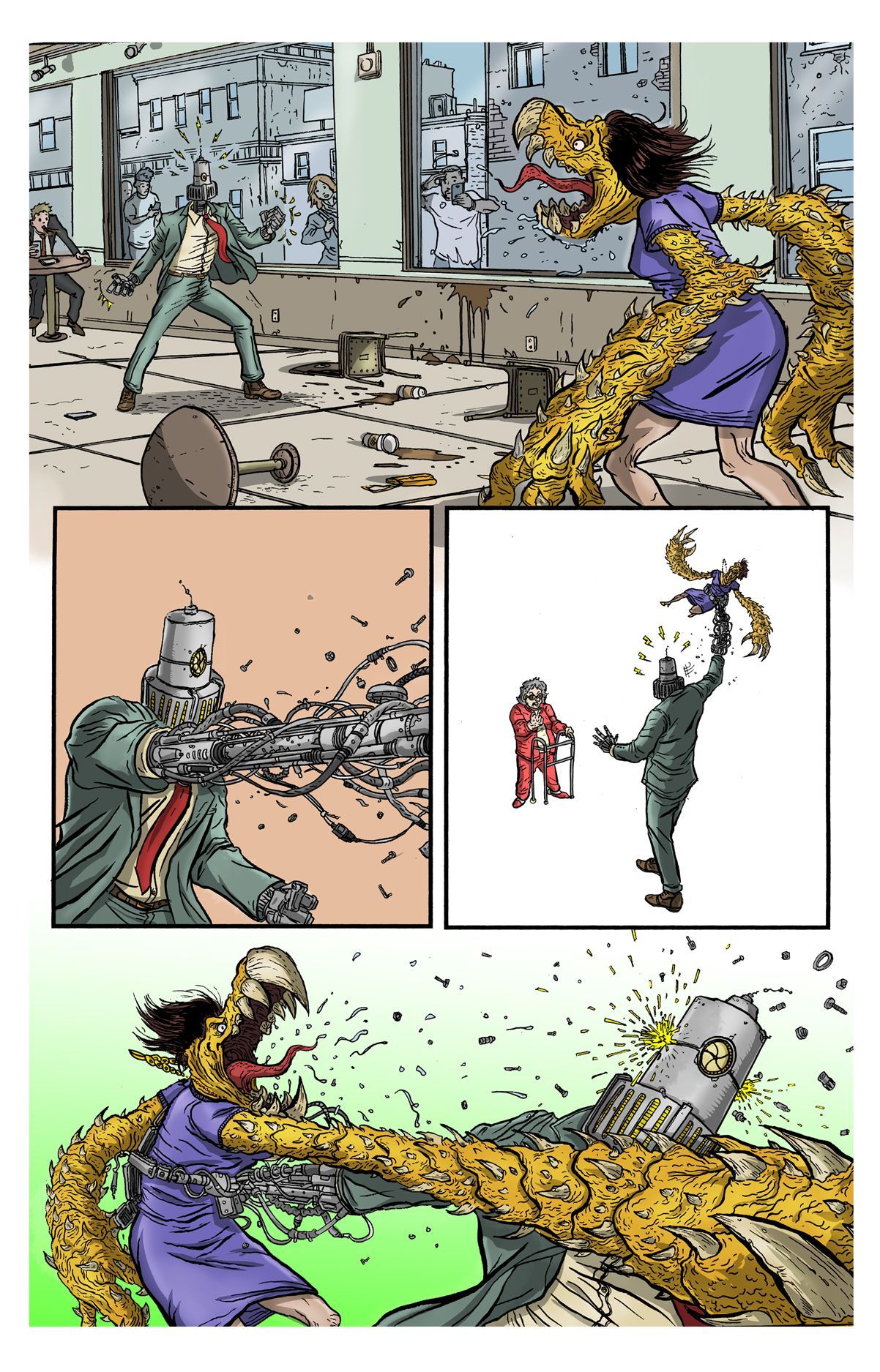 Page four, colored sequential page. fight scene. Detailed art, gritty art.
