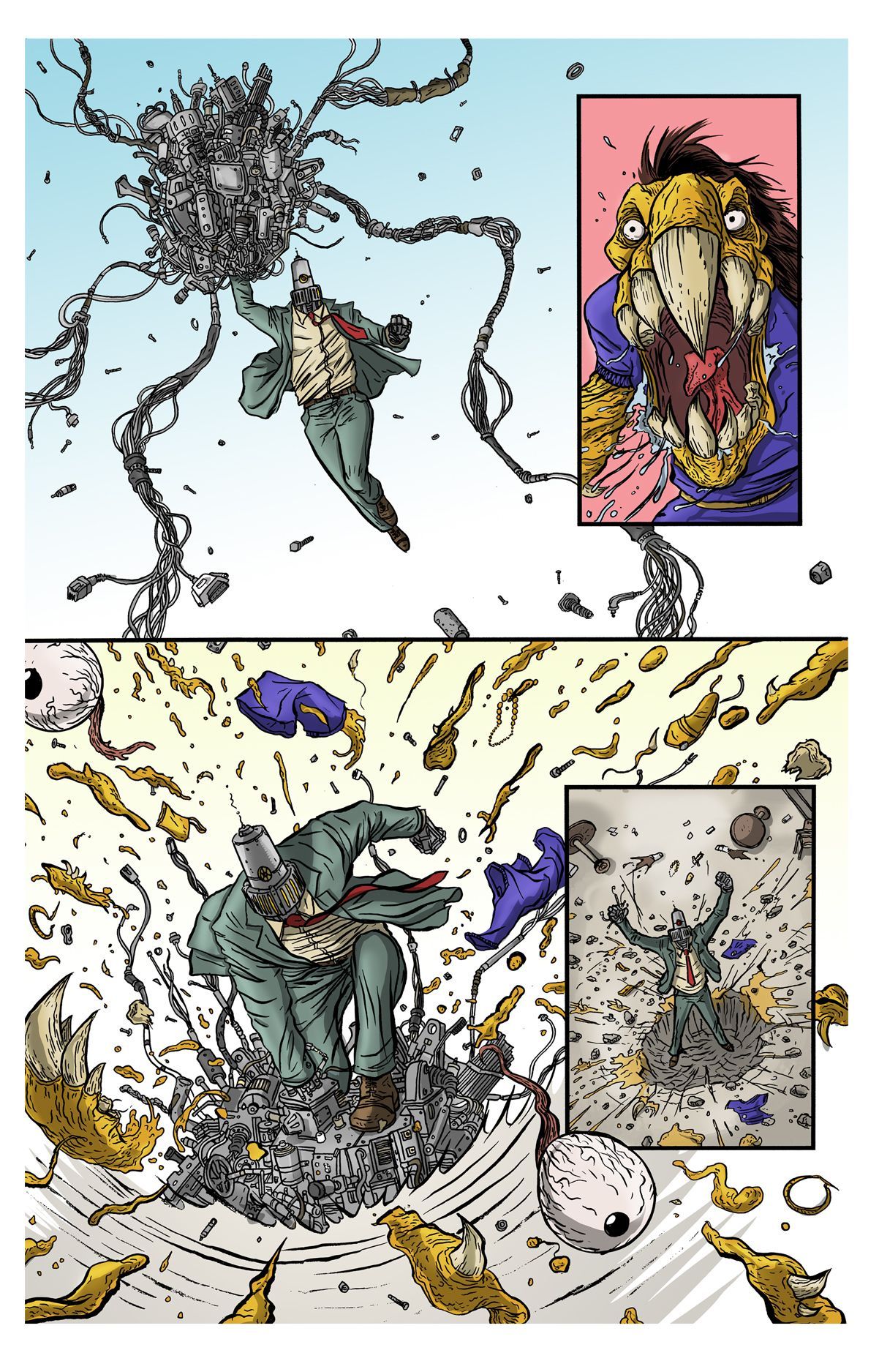 Page five, colored sequential page. fight scene robot defeating monster. Detailed art, gritty art.