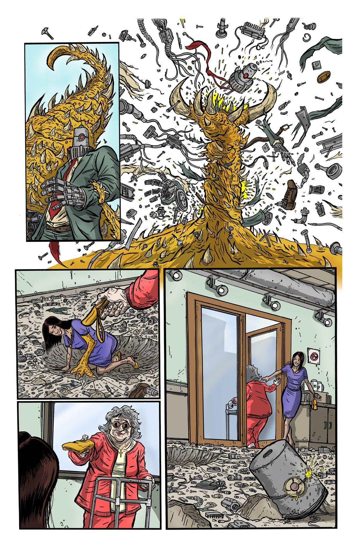Page six, colored sequential page. Monster turning the tables on the robot and defeating him to save the old lady.