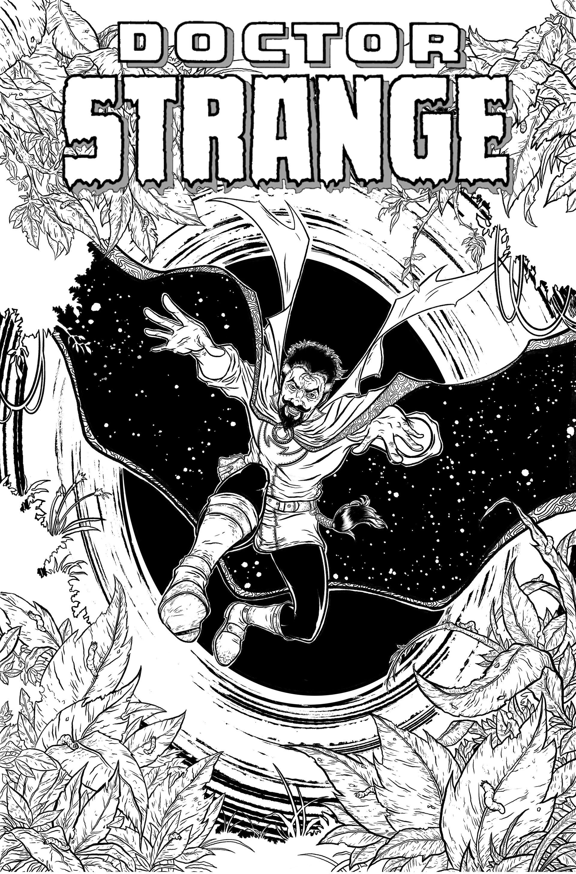 Black and white Marvel Comics cover for Doctor Strange, depicting him in action, casting spells through a mystical portal.