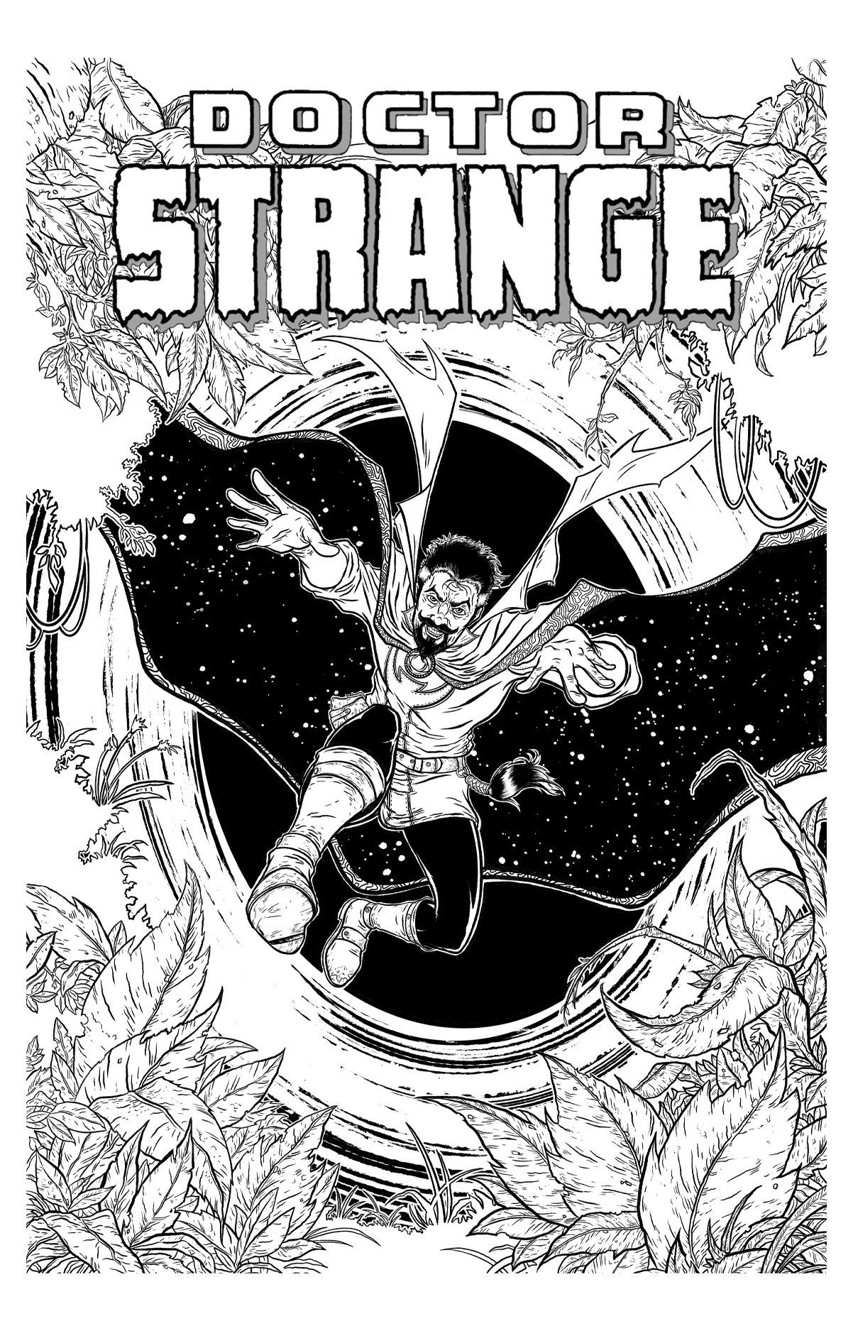 A black and white drawing of a doctor strange comic book cover Marvel comics sample art.