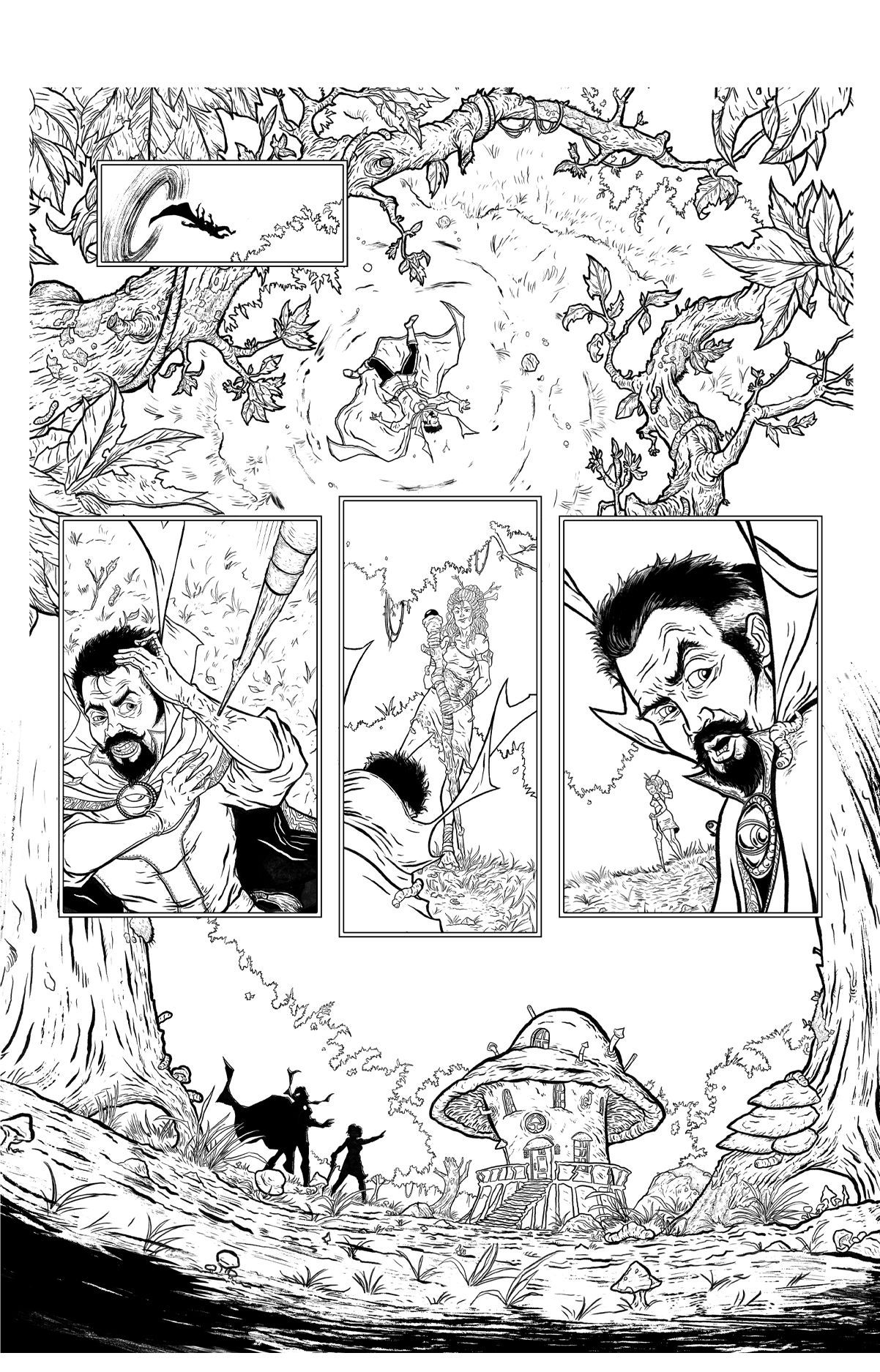 Page one of black and white drawing of a doctor strange Marvel comics sample art. Detailed art, sequential art