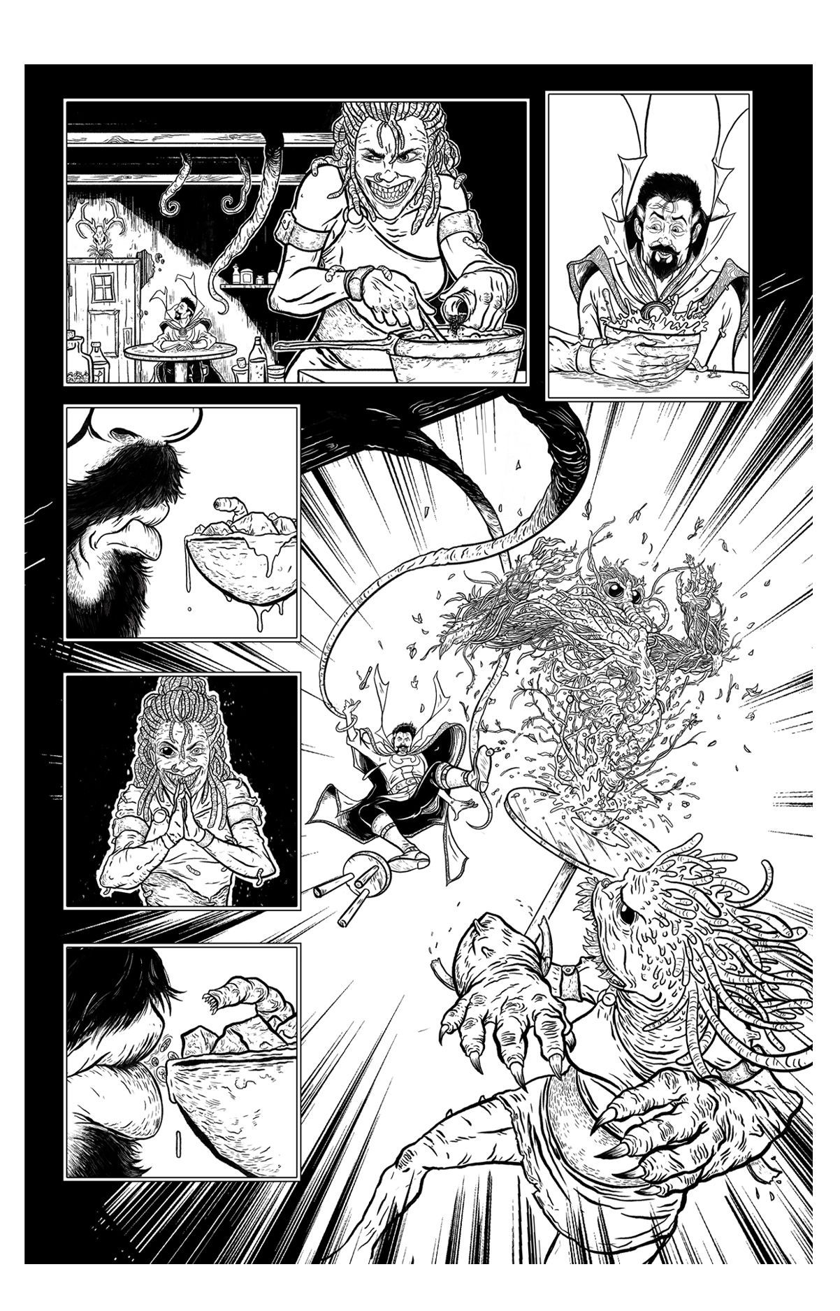 Page two of a doctor strange comic book. Manthing helping him fight the villain.Marvel comics sample art. Detailed art