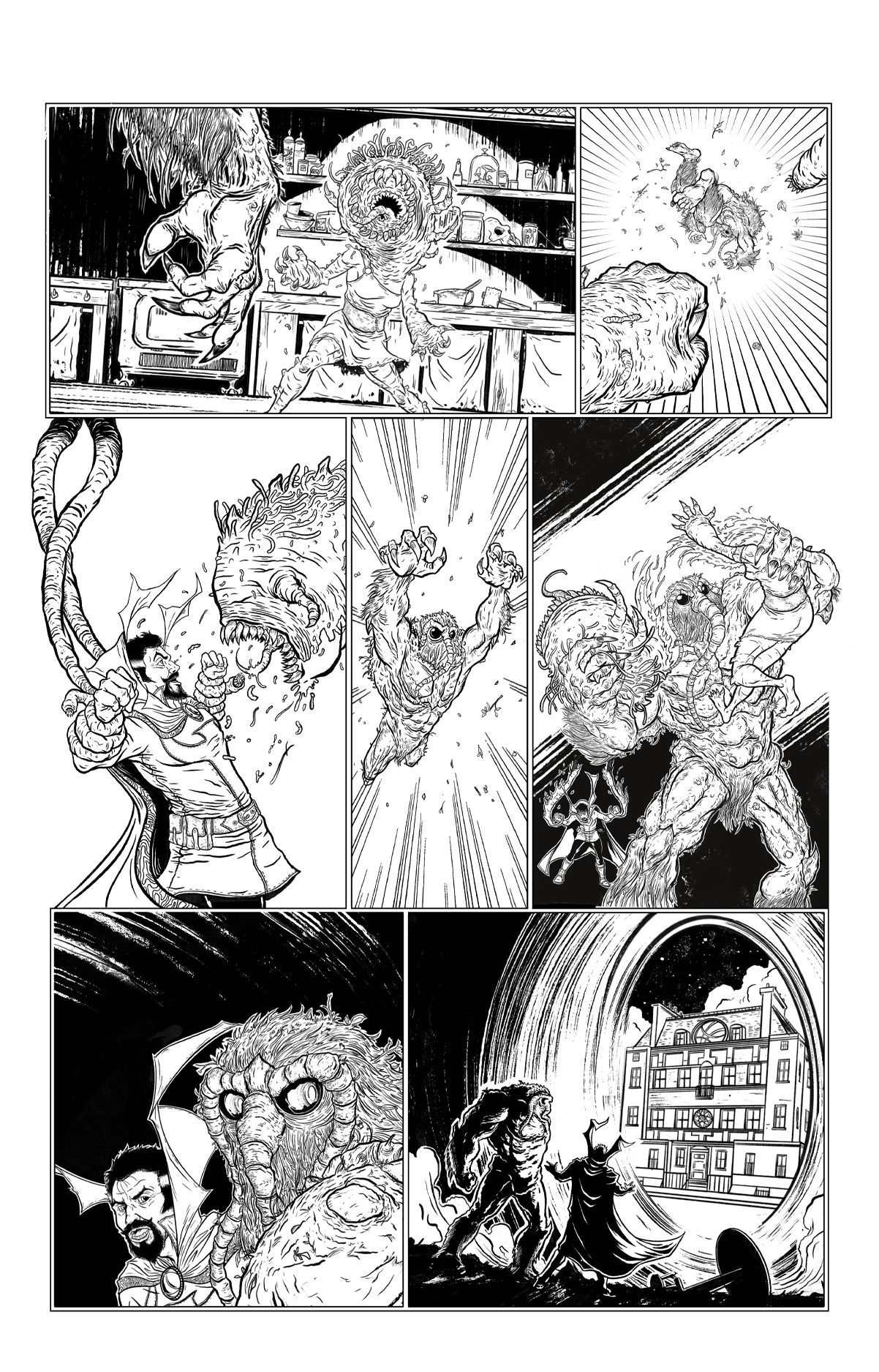 A black and white drawing of a cat and a robot.