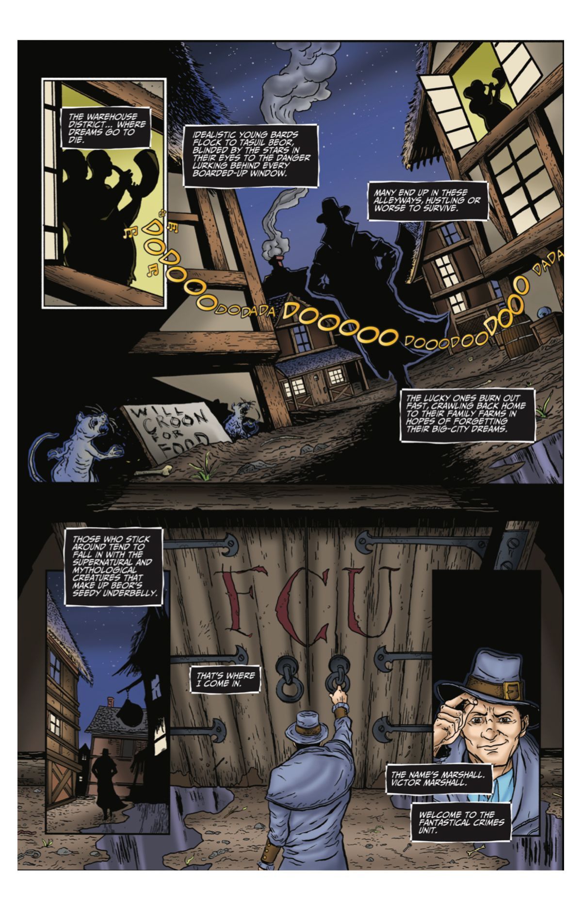 opening page from Epic Tavern: Tales from the Fantastical Crimes Unit. Fantasy, Pulp, crime comic