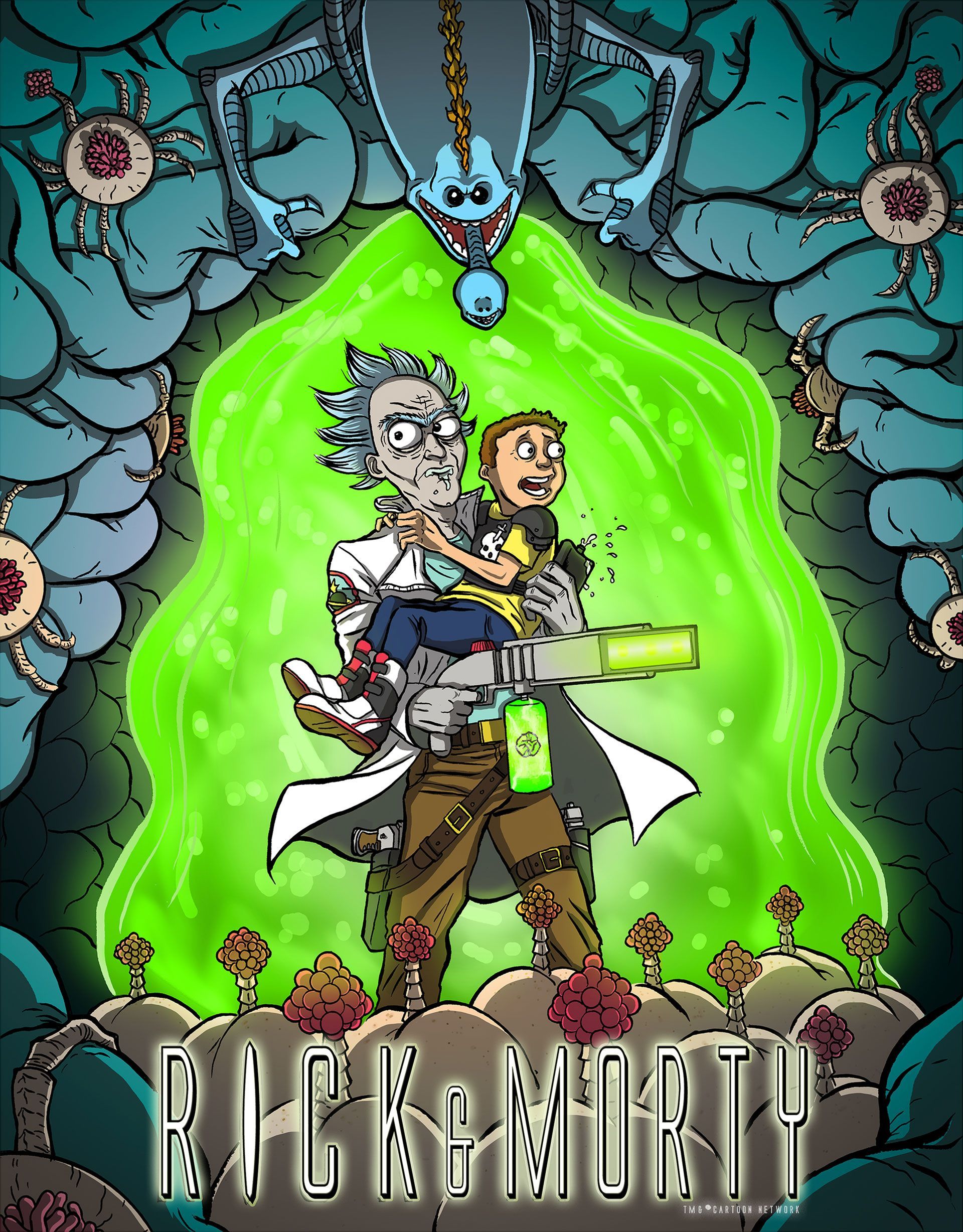 Rick and Morty Game Over Aliens parody art by Steve Mardo for Gallery 1988.