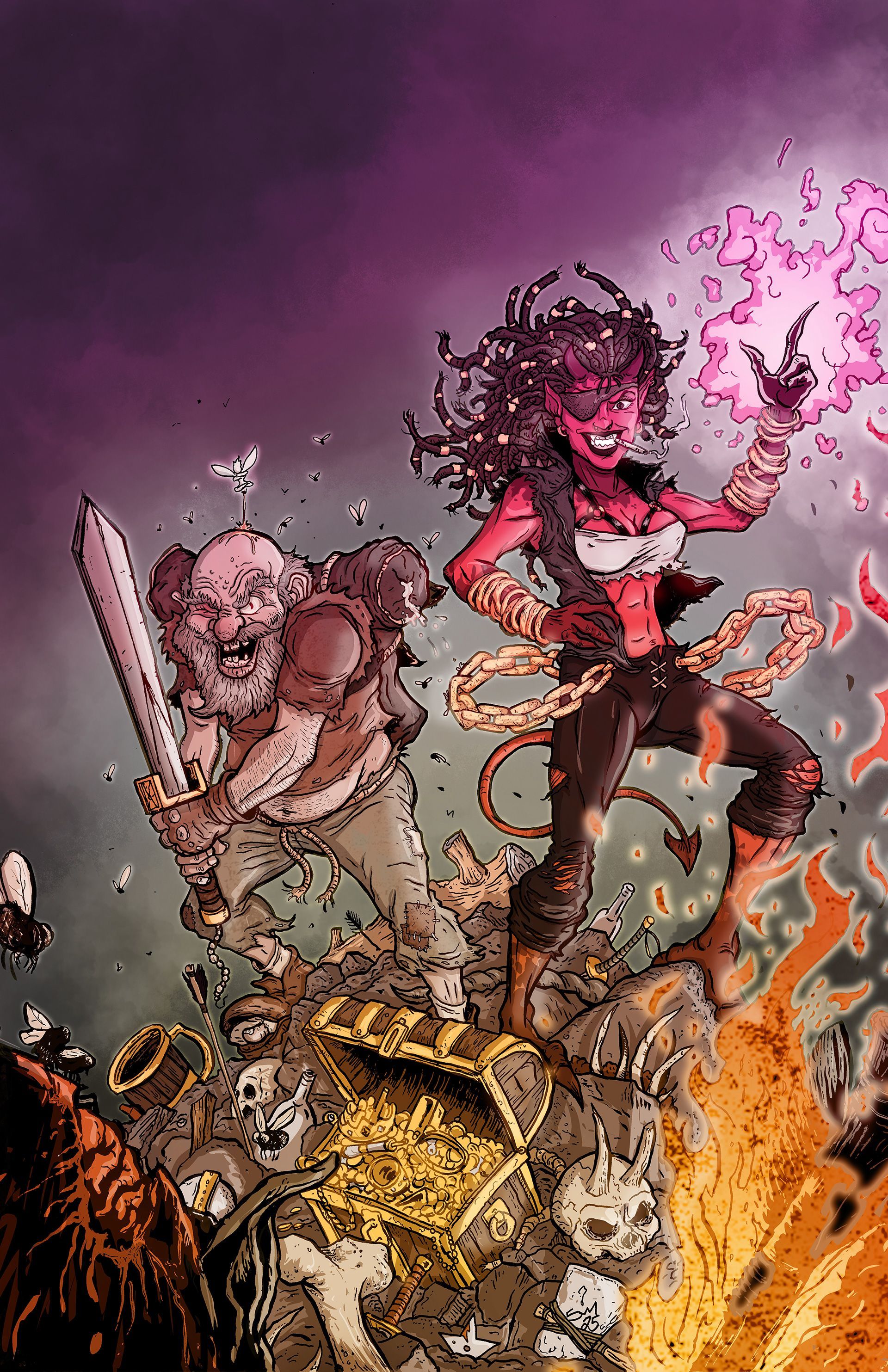 Comic book cover: Roddy and Momma Venus a demon woman with chains, standing on gold and bones.Murder Hobo Comic cover 