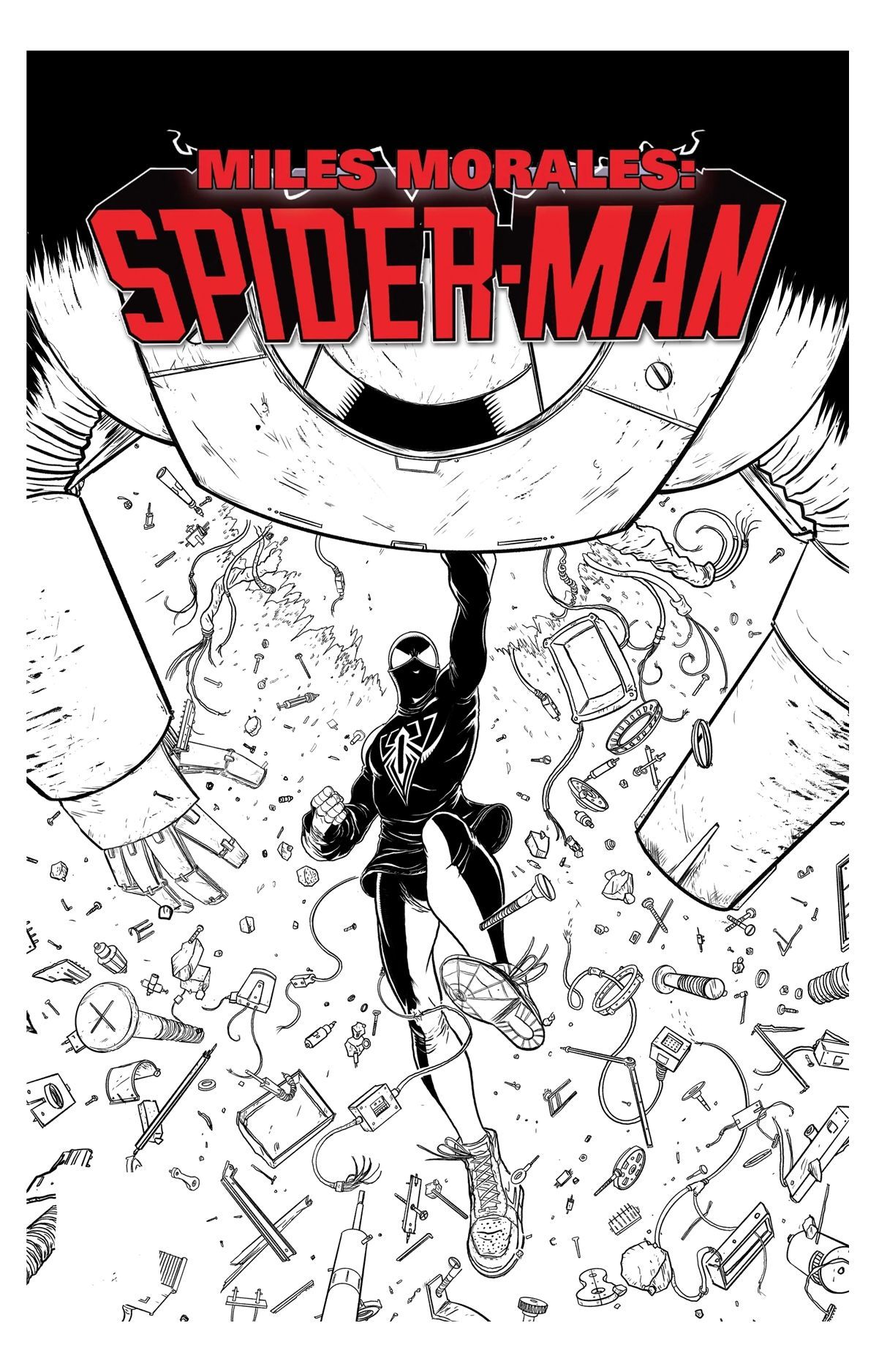 Miles Morales Spider man cover of him punching a robot. Superhero from the marvel universe and spider verse.