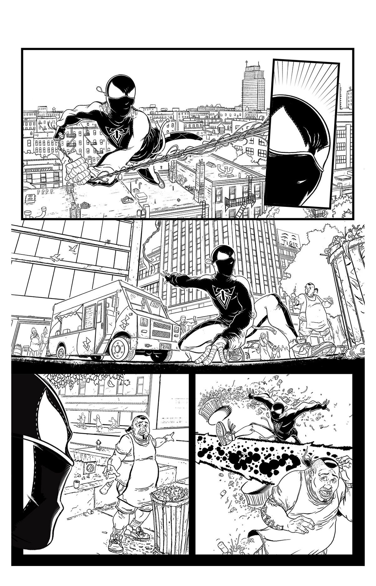 Miles Morales Spider man swinging through New York City. Superhero from the marvel universe and spider verse. comic art