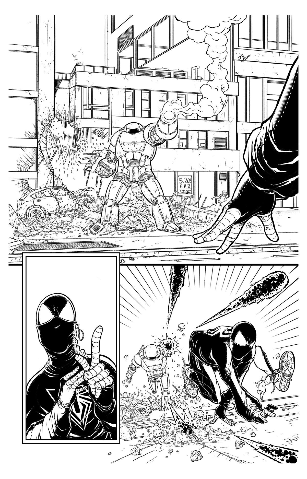 Miles Morales Spider man ready to battle a mech robot. Superhero from the marvel universe and spider verse. Comic art