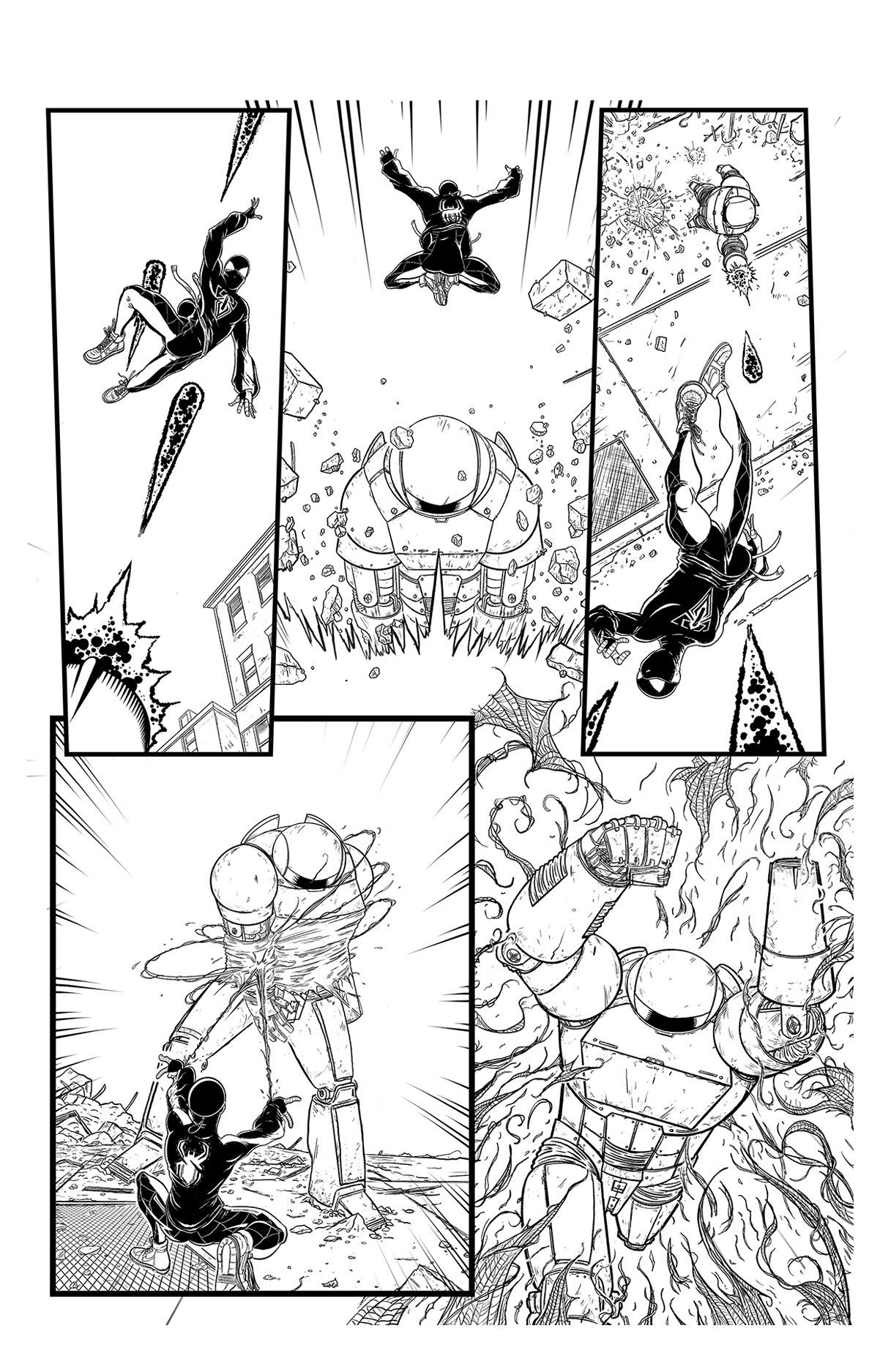 Miles Morales Spider-man fighting the robot. Superhero from the marvel universe and spider verse. Fight scene. Comic art