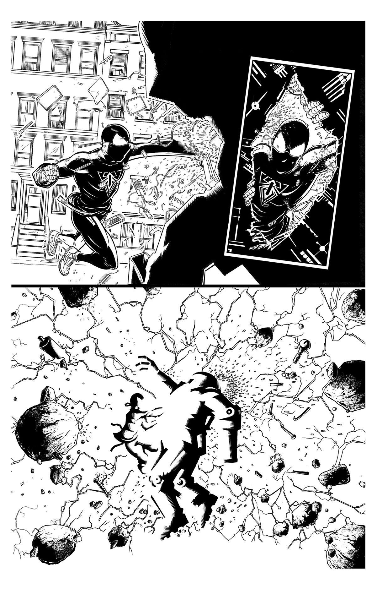 Miles Morales Spider man destroying the robot. Superhero from the marvel universe and spider verse. Comic art