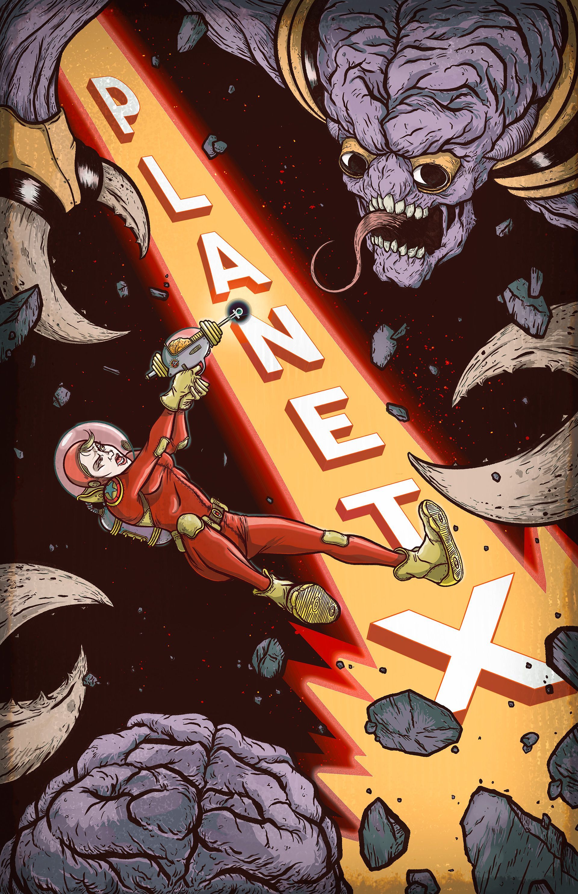 retro Space women with ray guy shooting brain alien.