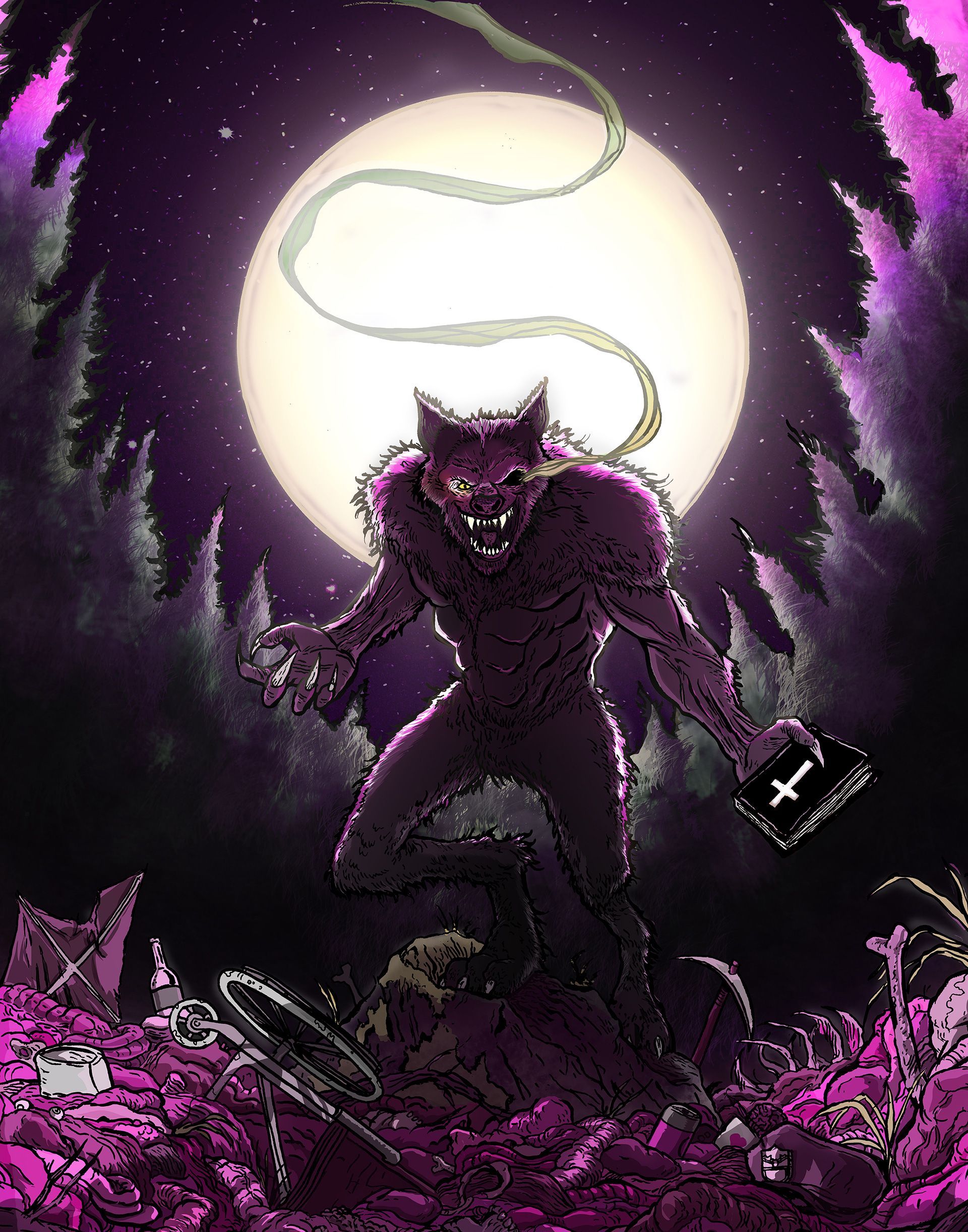 Illustration of a werewolf holding a Bible, against a full moon with purple lighting, from Stephen King's 'Silver Bullet'.