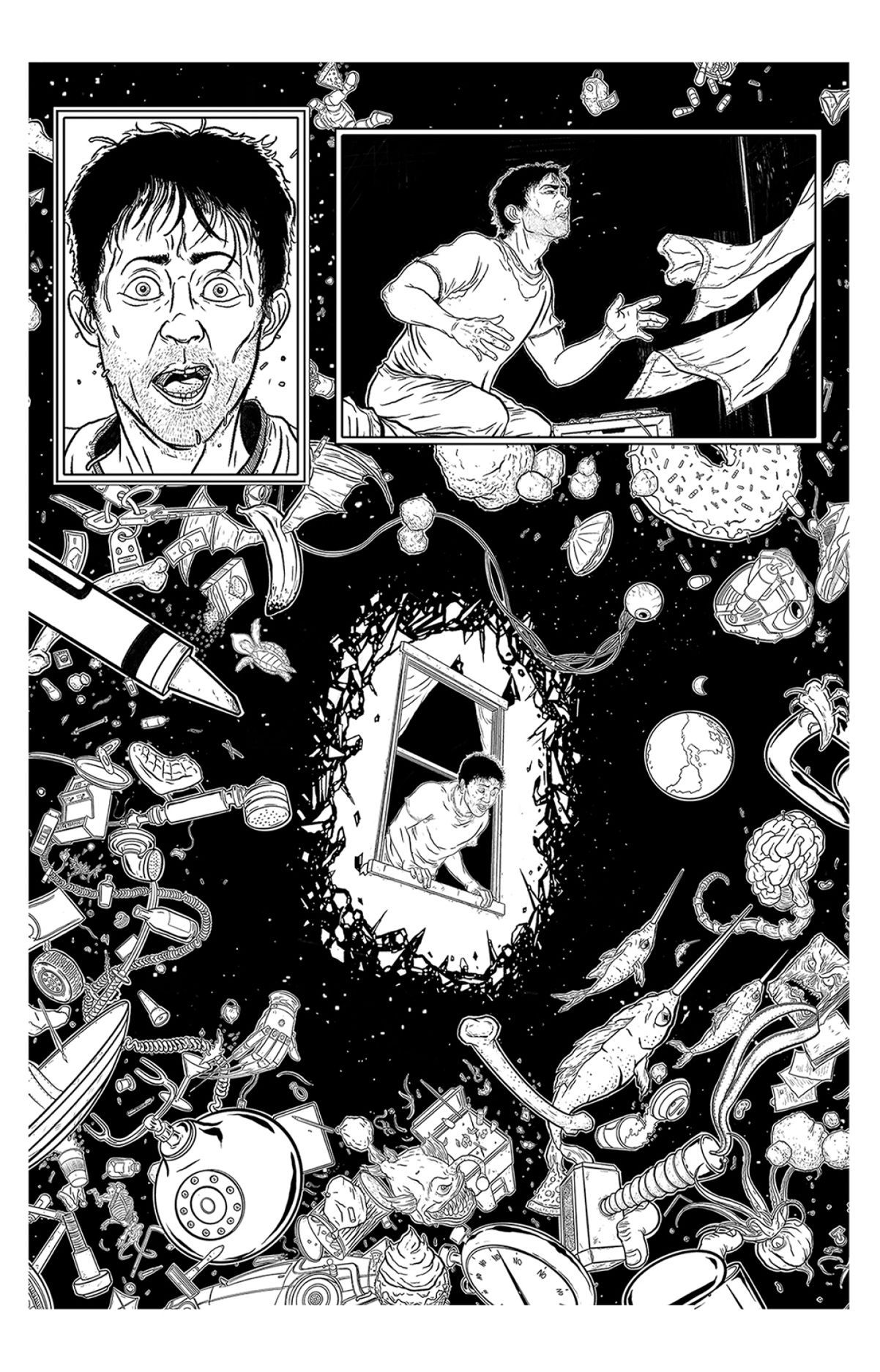 Page four splash page of the Sleepwalker sample. detailed, weird, dreamy.