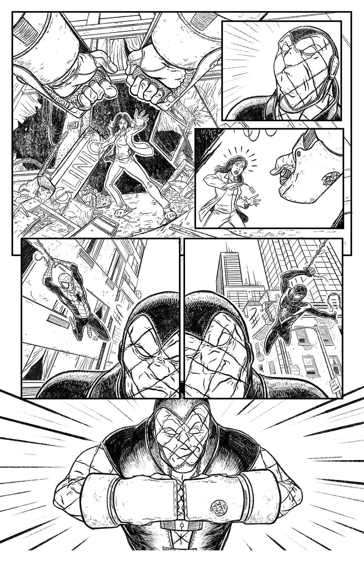 Page one pencil art of Shocker causing havoc. Spider-men Peter and Miles swing thought New York City to come to the rescue.  