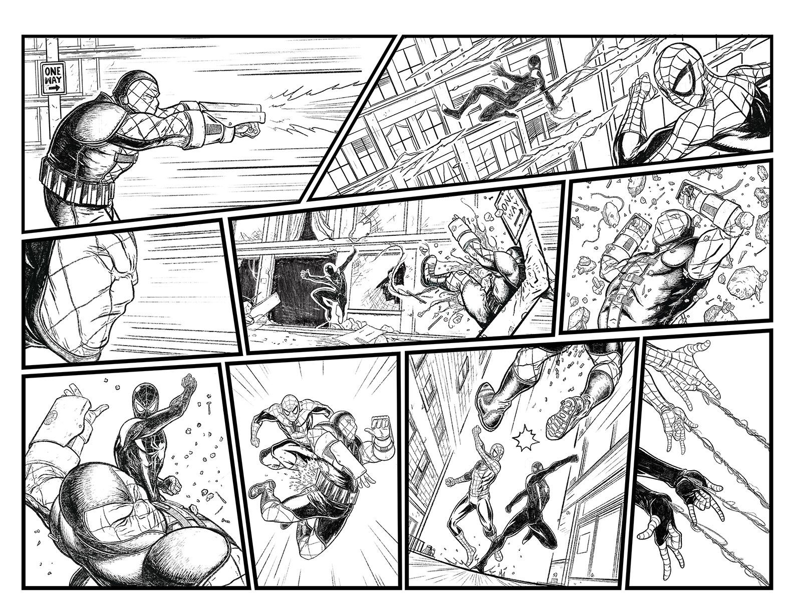 Double page Pencil art of fight scene both Spider-Men fighting and defeating Shocker. Marvel Comics action sample pages.