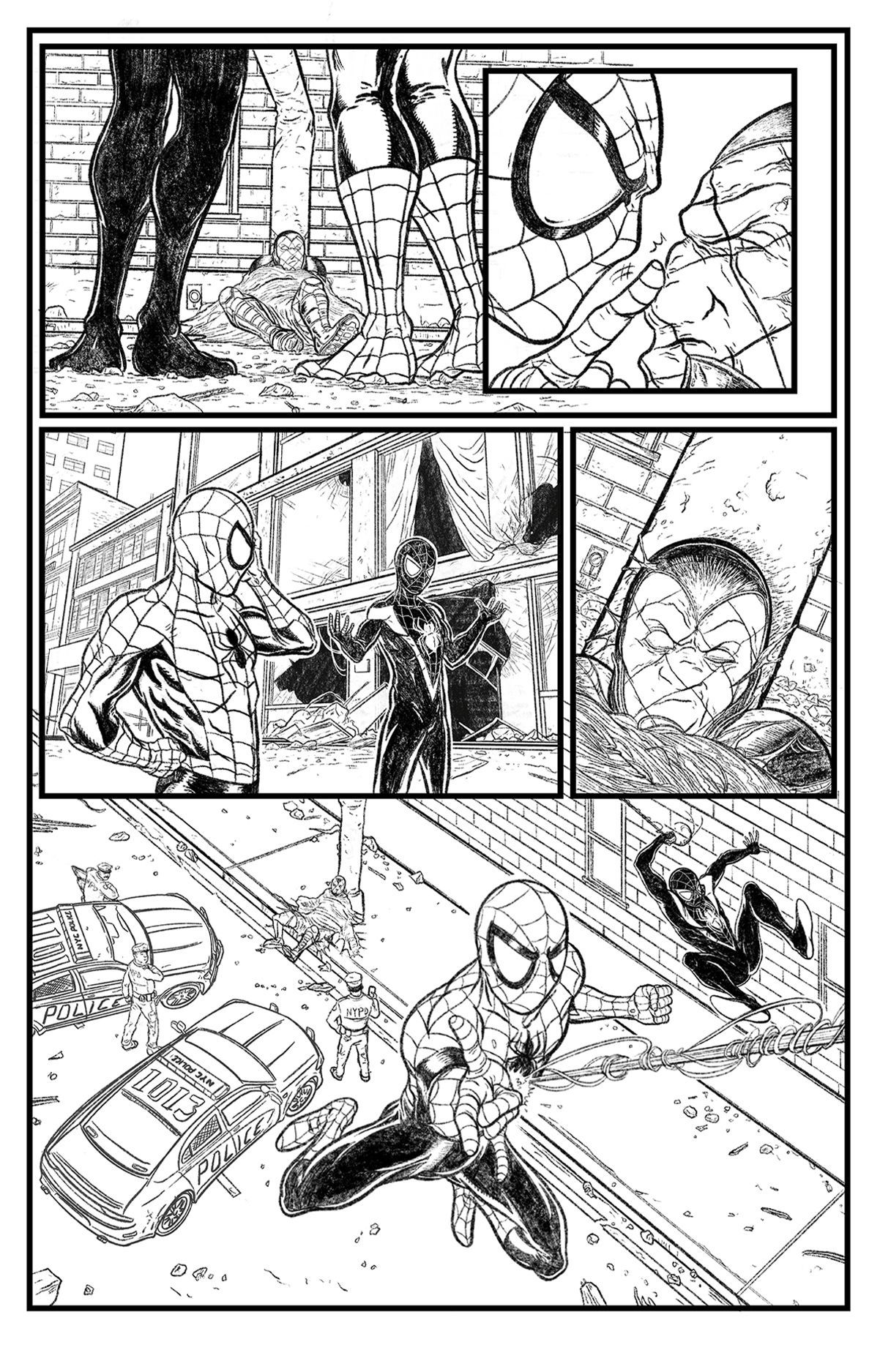 Pencil art page four Spider-Man talking to defeated Shocker. Marvel Comics sample page.