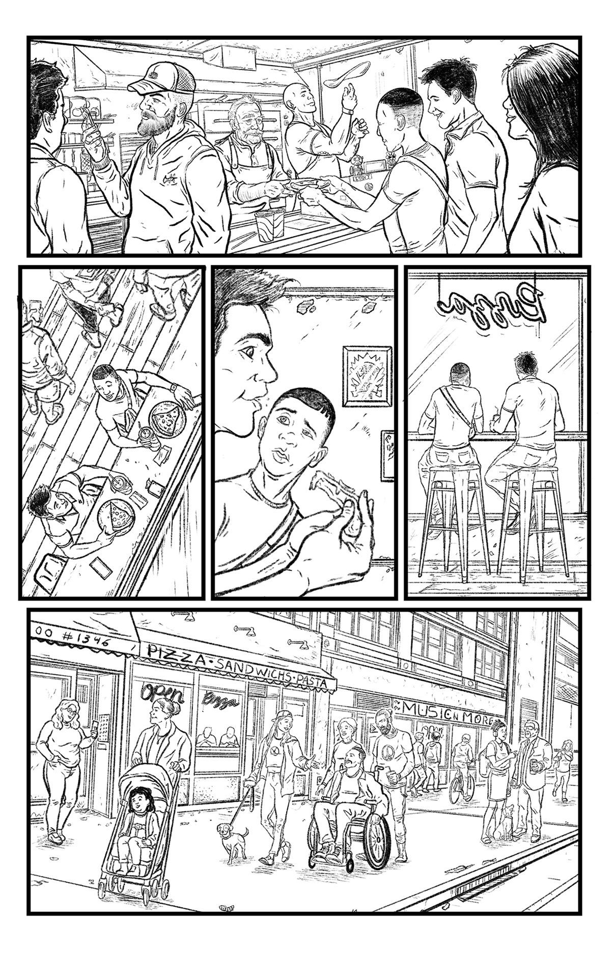 Pencil art page five of Miles and peter getting pizza and talking about there home town in New York City. Marvel Comics.