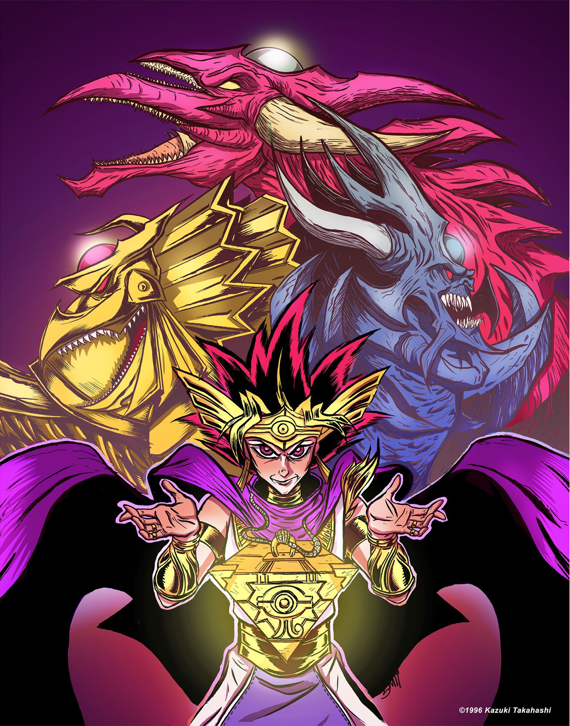 Gallery 1988 illustration of Yugi Muto from official Yu-Gi-Oh! with the Millennium Puzzle, flanked by three monster designs.