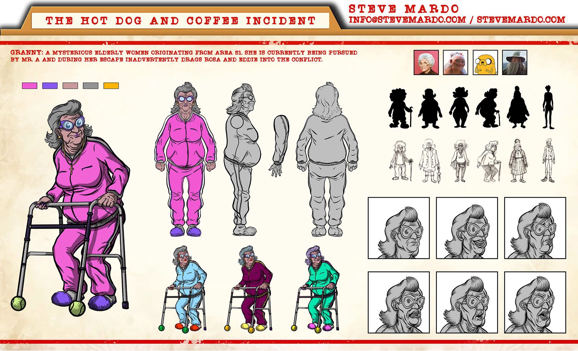 Character design sheet for Granny from 'The Hot Dog and Coffee Incident'