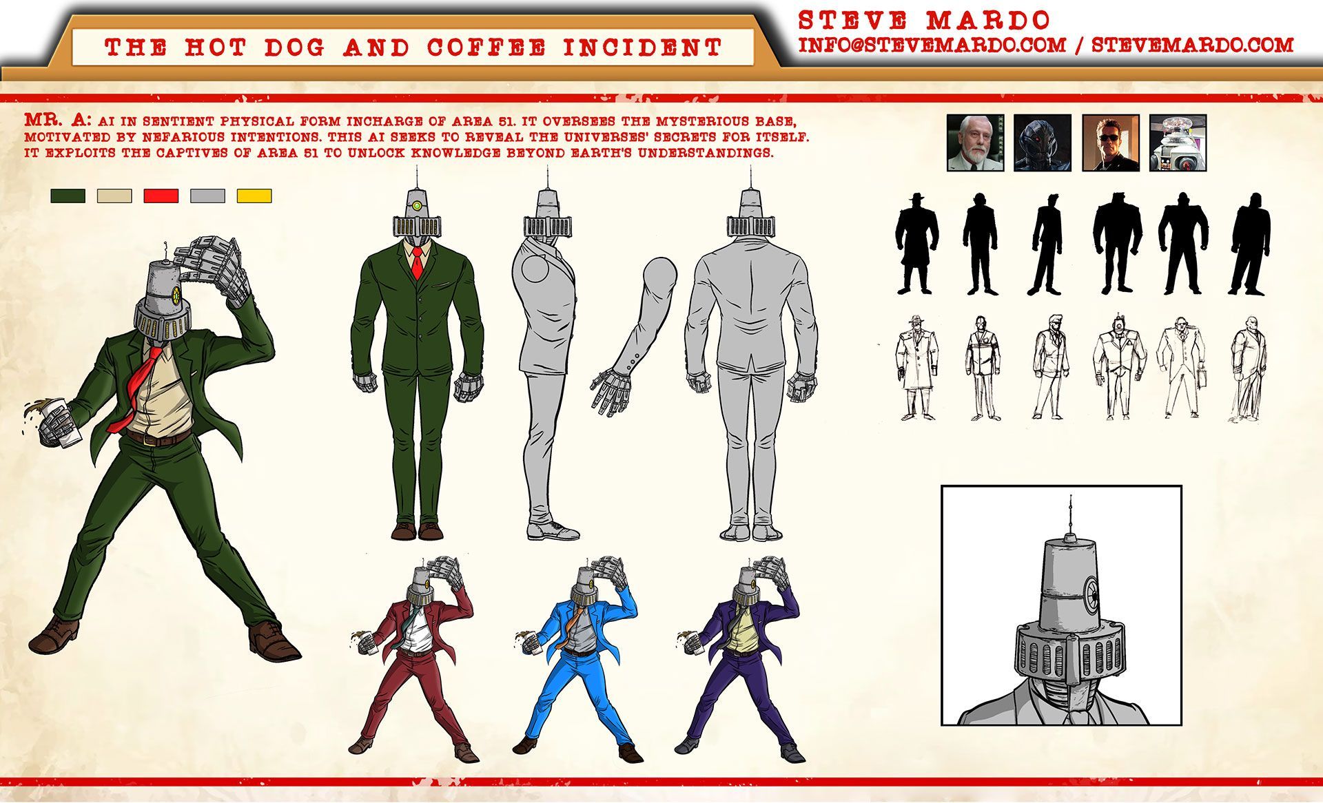 Character design sheet for Mr. A from 'The Hot Dog and Coffee Incident'