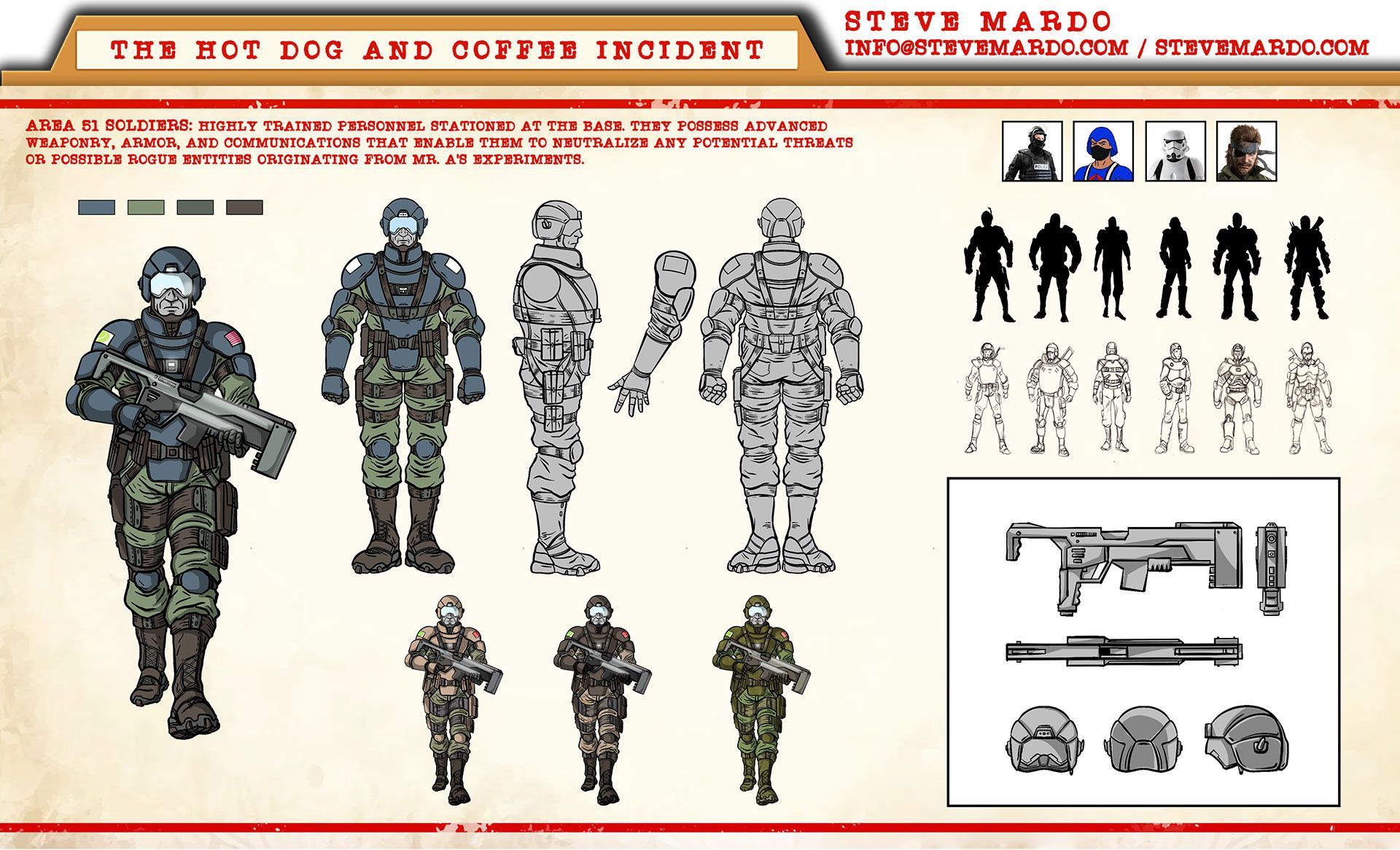 Character design sheet for Area 51 soldiers from 'The Hot Dog and Coffee Incident'